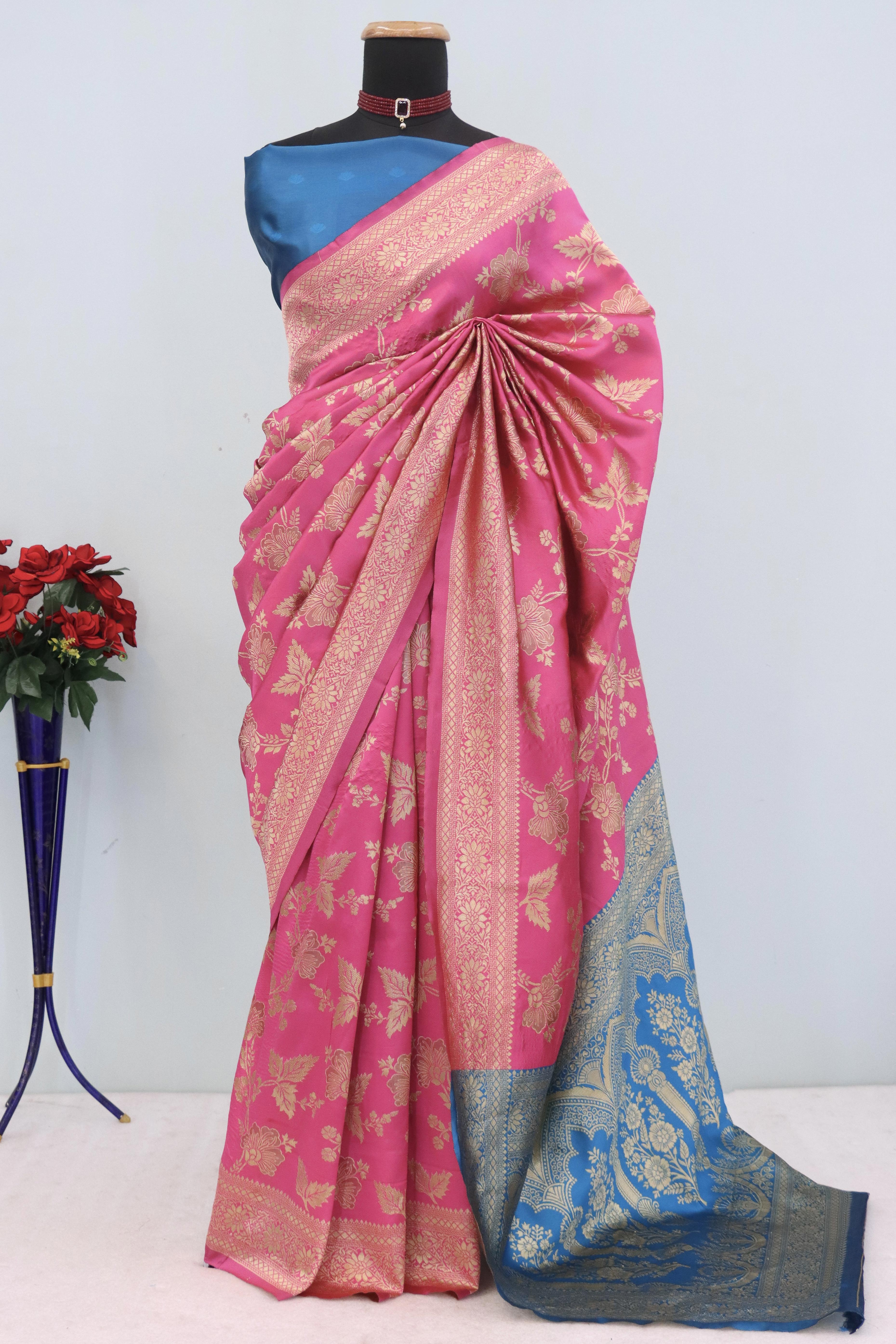 Graceful Pink & Blue Banarasi Silk Saree Featuring Intricate Floral Zari Weaving Work