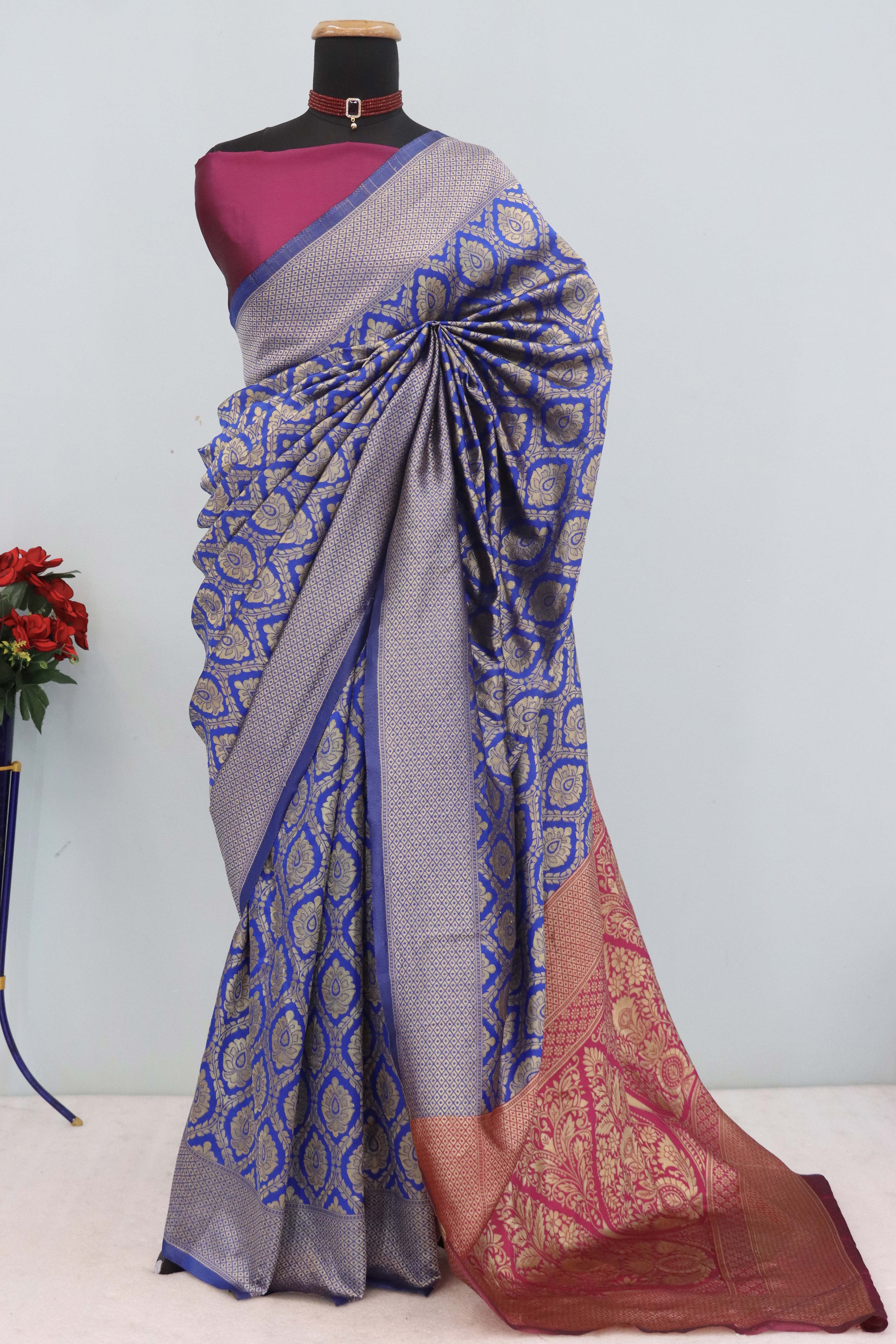 Charming Royal Blue & Pink Banarasi Silk Saree Adorned With Floral Zari Weaving