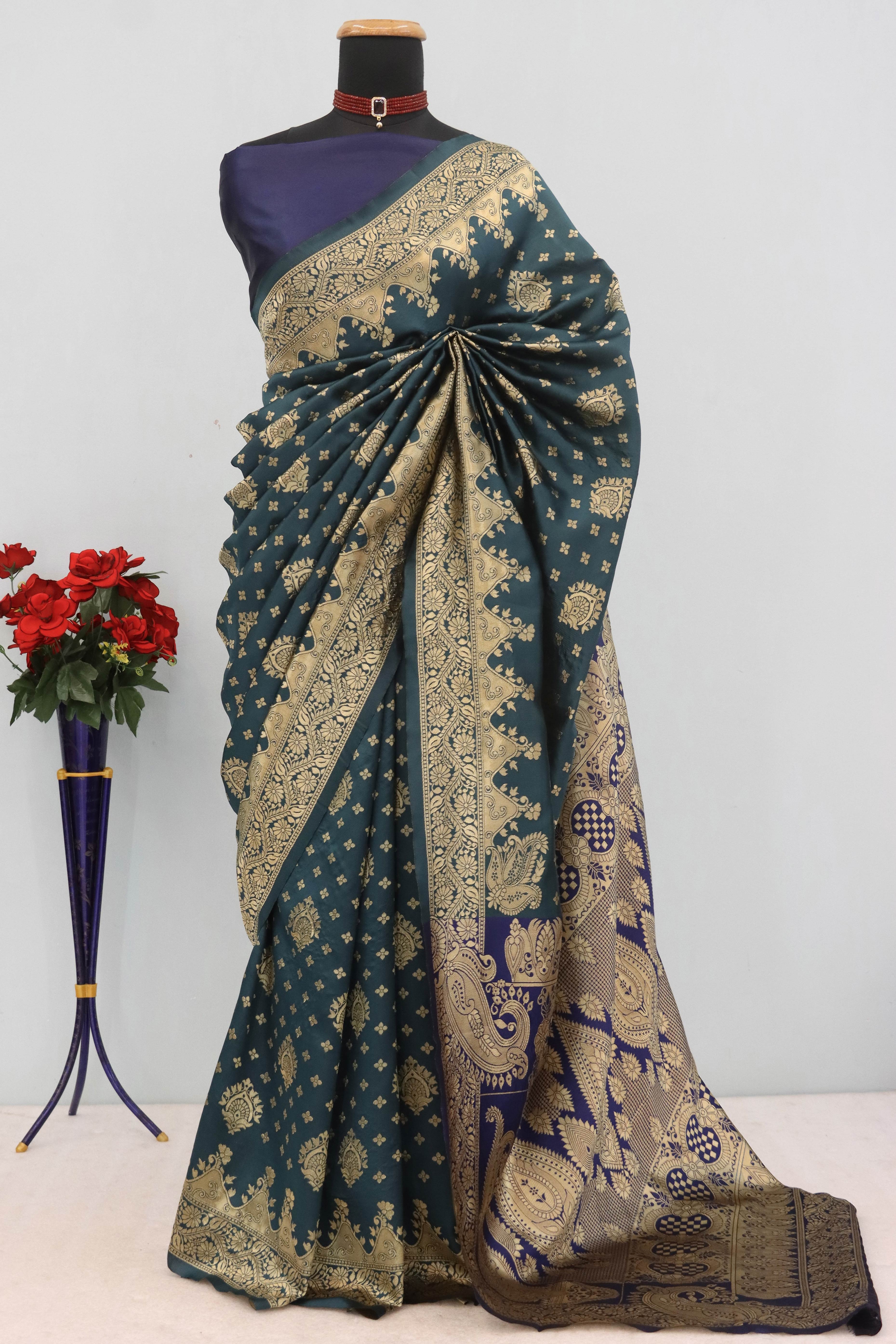 Classic Dark Teal Silk Banarasi Saree Showcasing Delicate Floral Zari Weaving