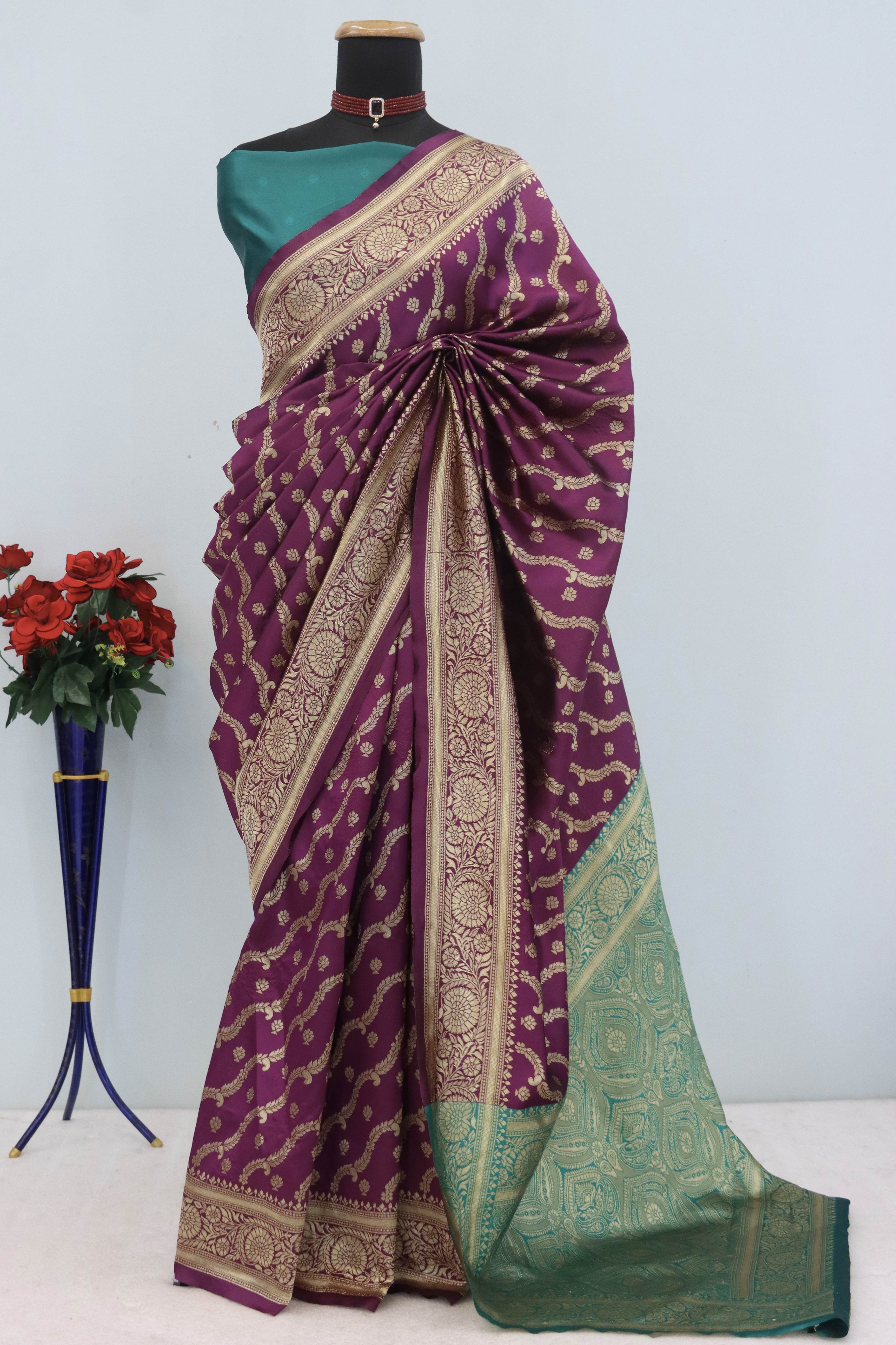 Graceful Wine Banarasi Silk Saree Featuring Intricate Floral Zari Weaving Work