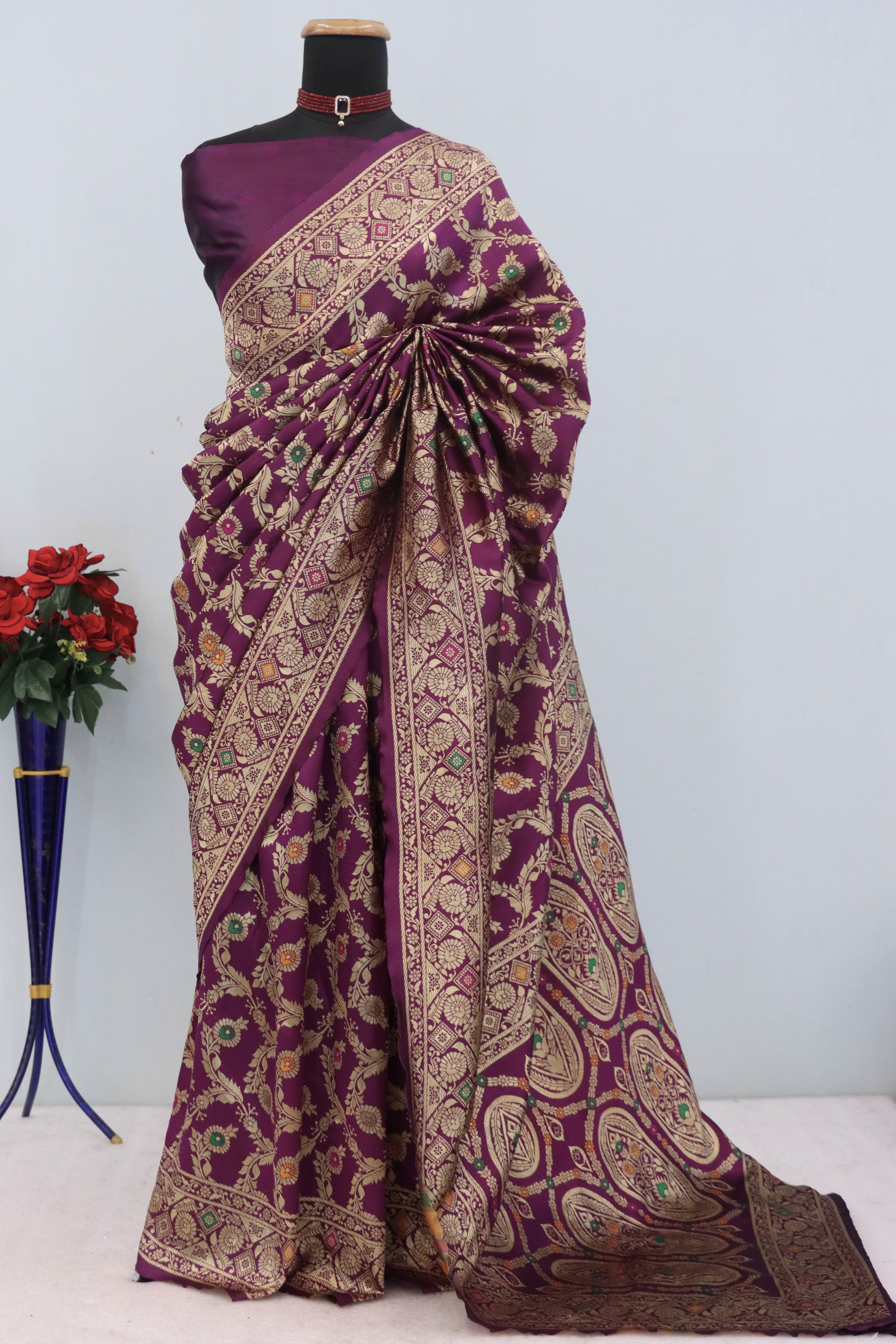 Classic Wine Silk Banarasi Saree Showcasing Delicate Floral Zari Weaving