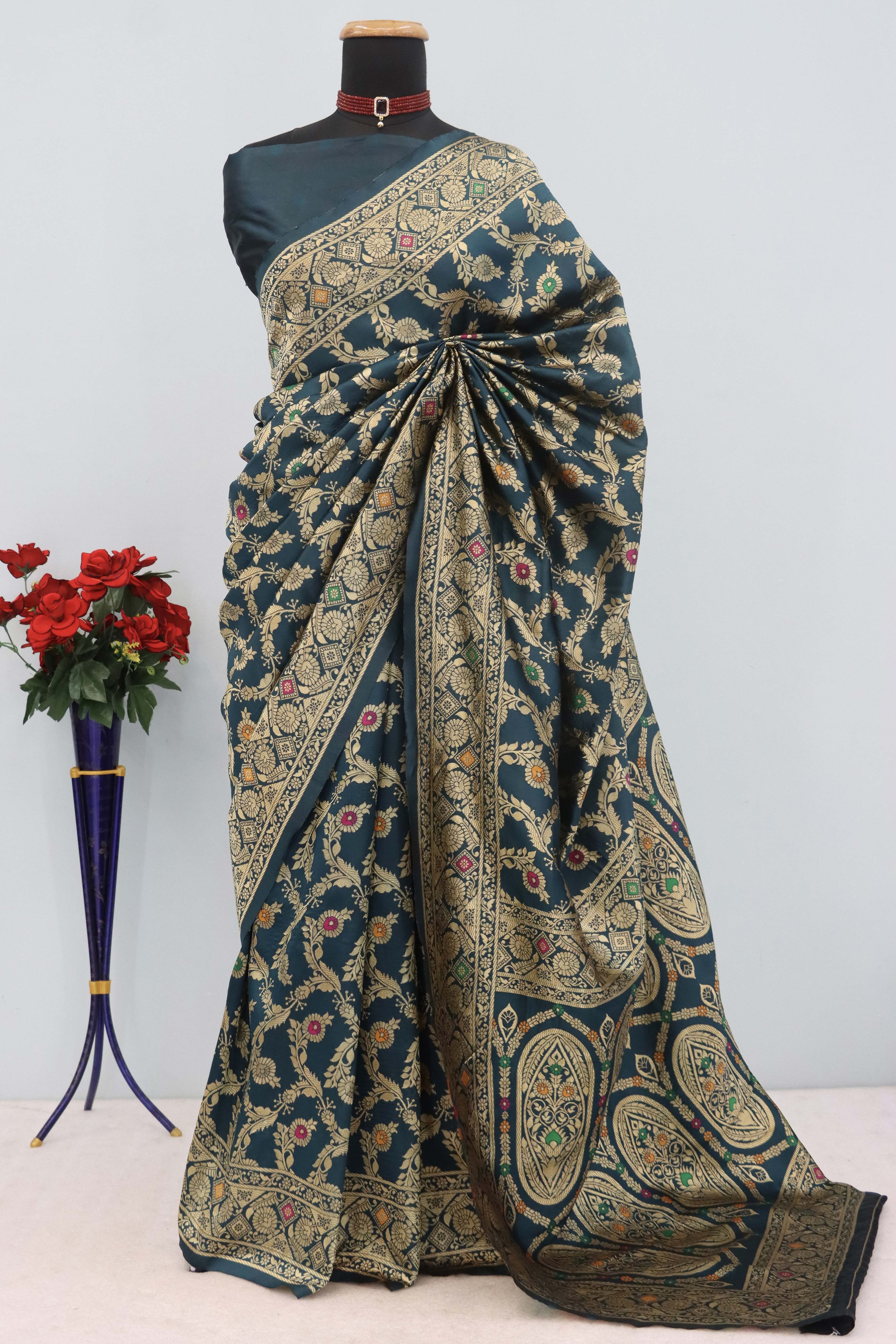 Classic Morpich Blue Silk Banarasi Saree Showcasing Delicate Floral Zari Weaving
