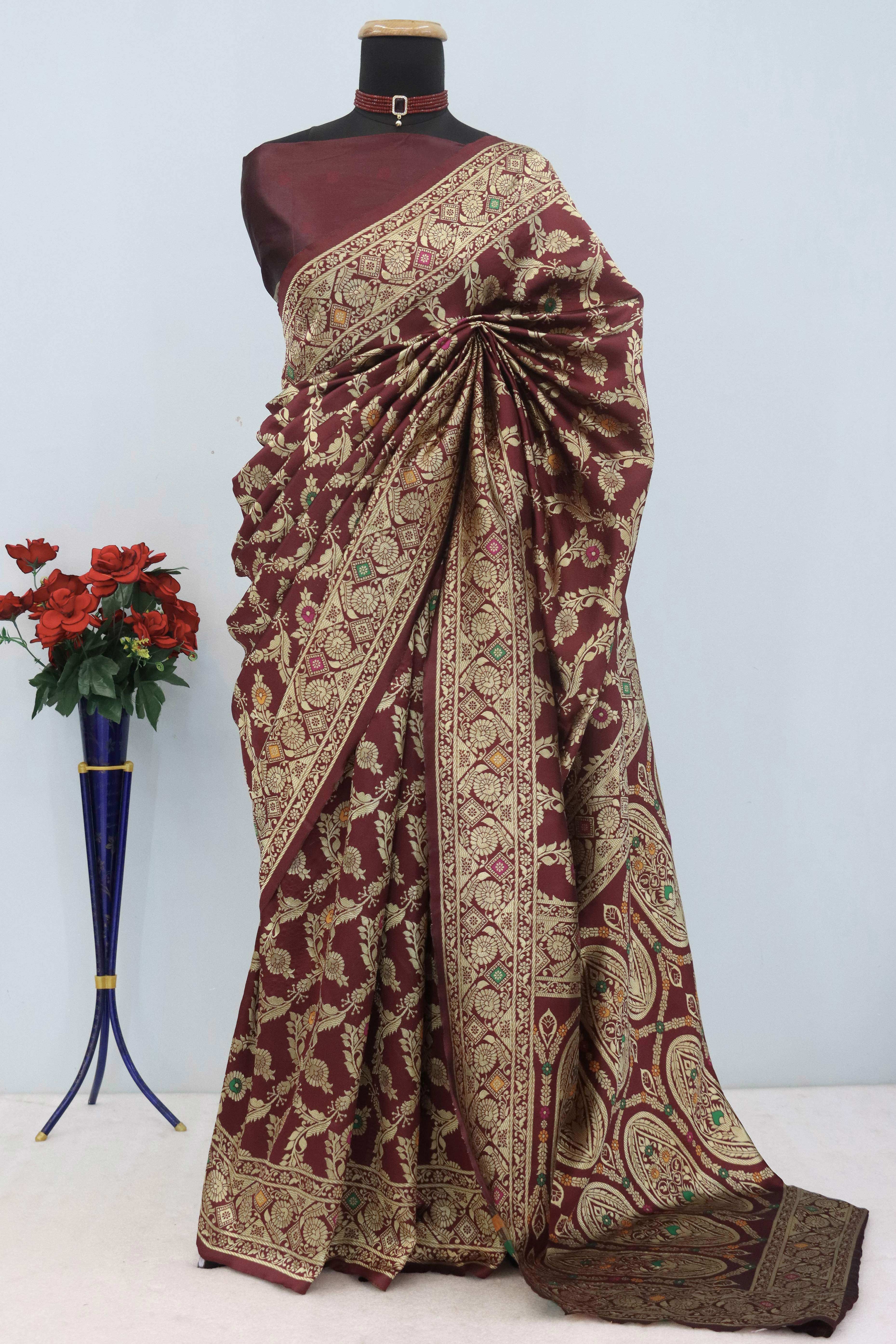 Classic Dark Maroon Silk Banarasi Saree Showcasing Delicate Floral Zari Weaving