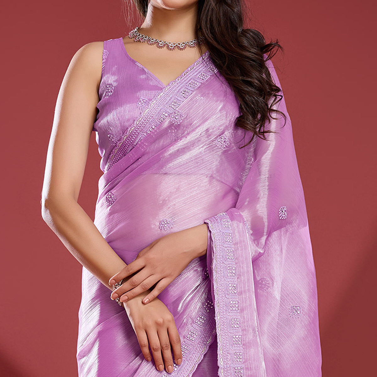 Light Purple Embroidered Work Tissue Saree