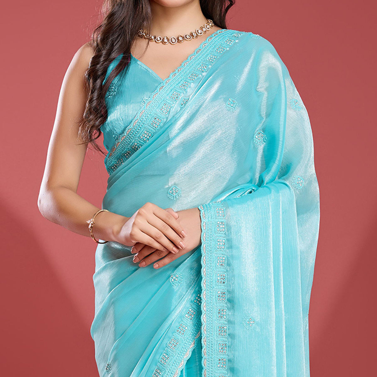 Turquoise Embroidered Work Tissue Saree