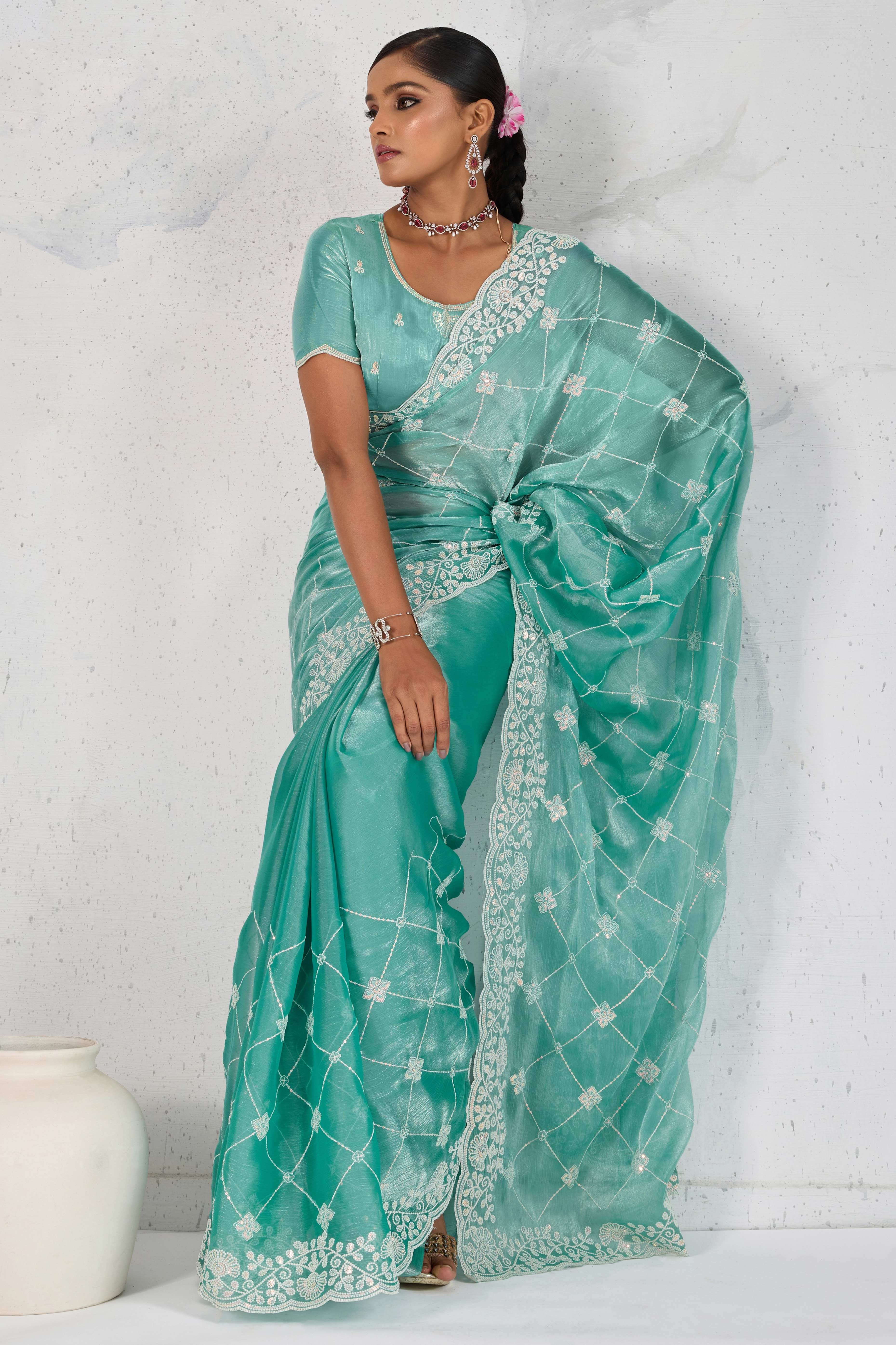 Turquoise Silk Saree with Dazzling Sequin Embroidery
