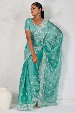 Turquoise Silk Saree with Dazzling Sequin Embroidery