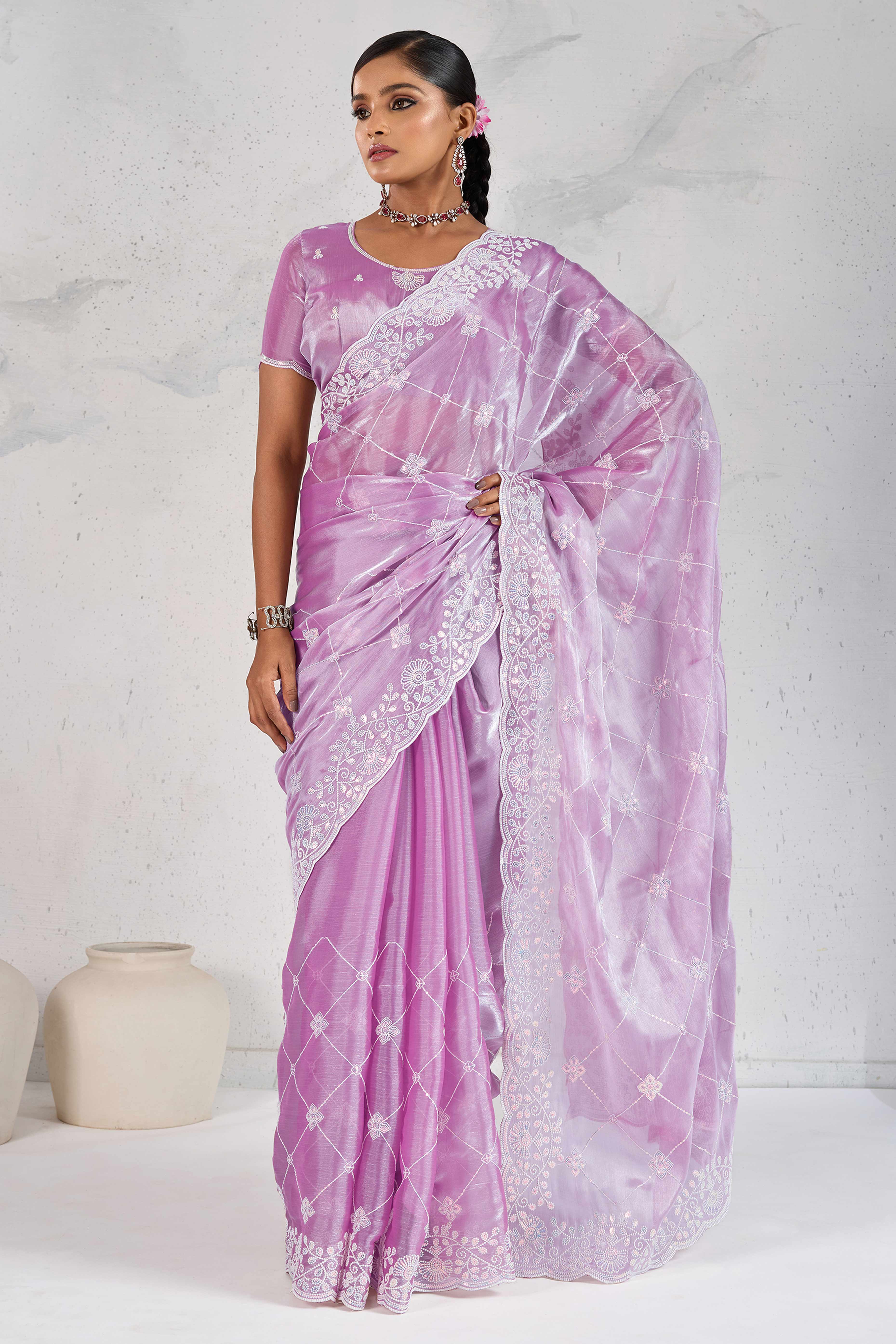 Purple Silk Saree with Dazzling Sequin Embroidery