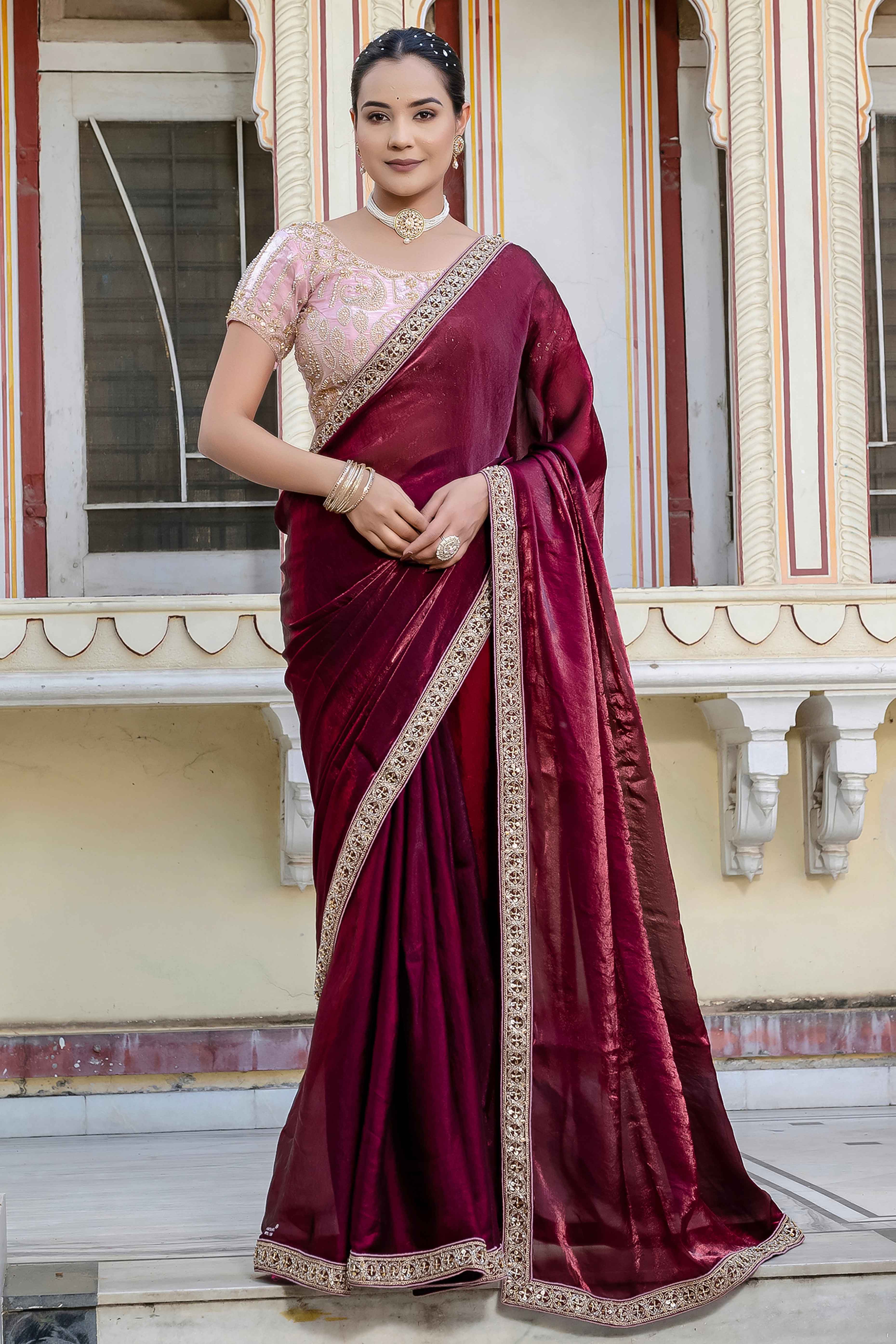 Maroon Satin Velvet Saree Adorned With Handcrafted Sequins Beads & Pearl Embellishments