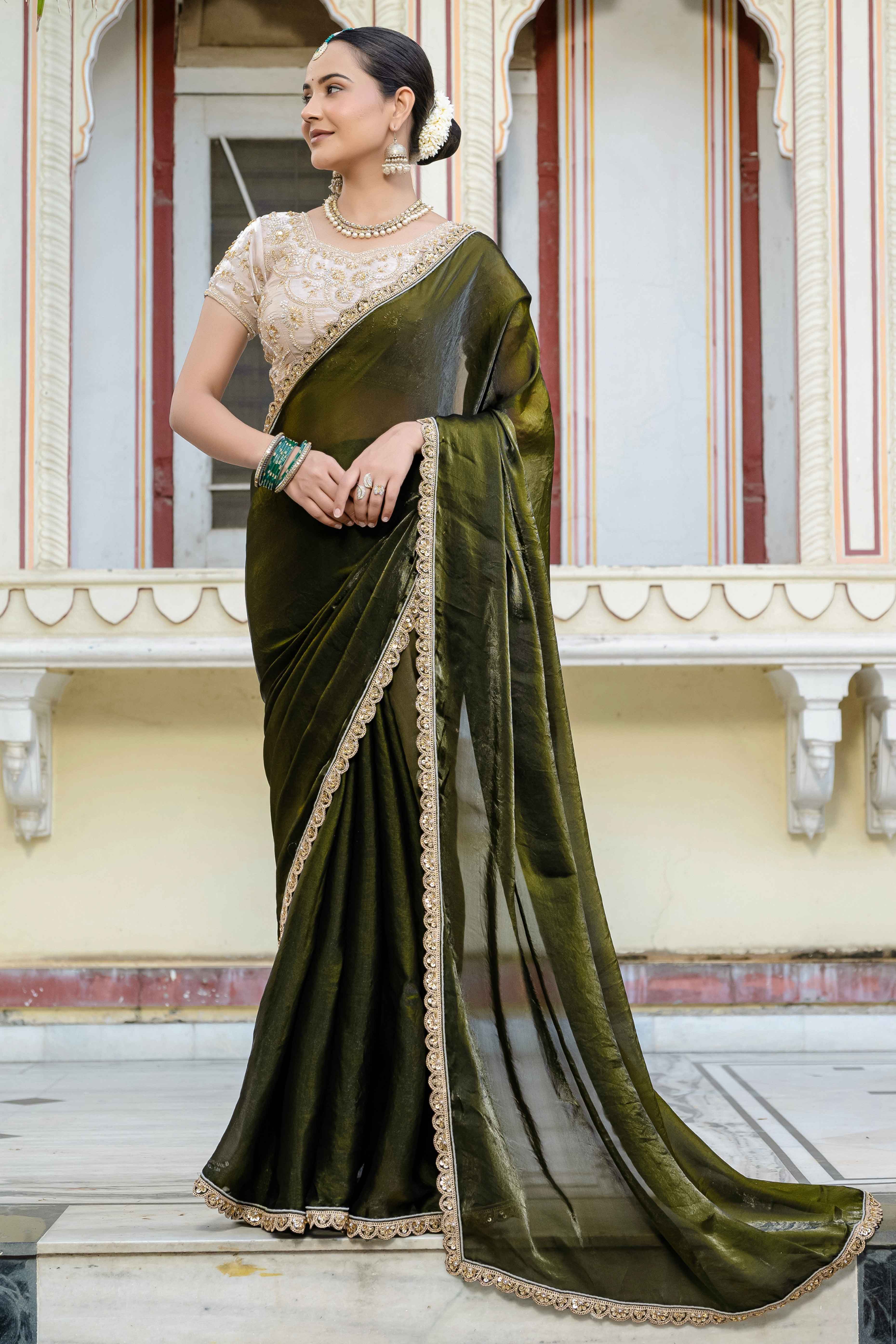Mehendi Green Satin Velvet Saree Adorned With Handcrafted Sequins Beads & Pearl Embellishments
