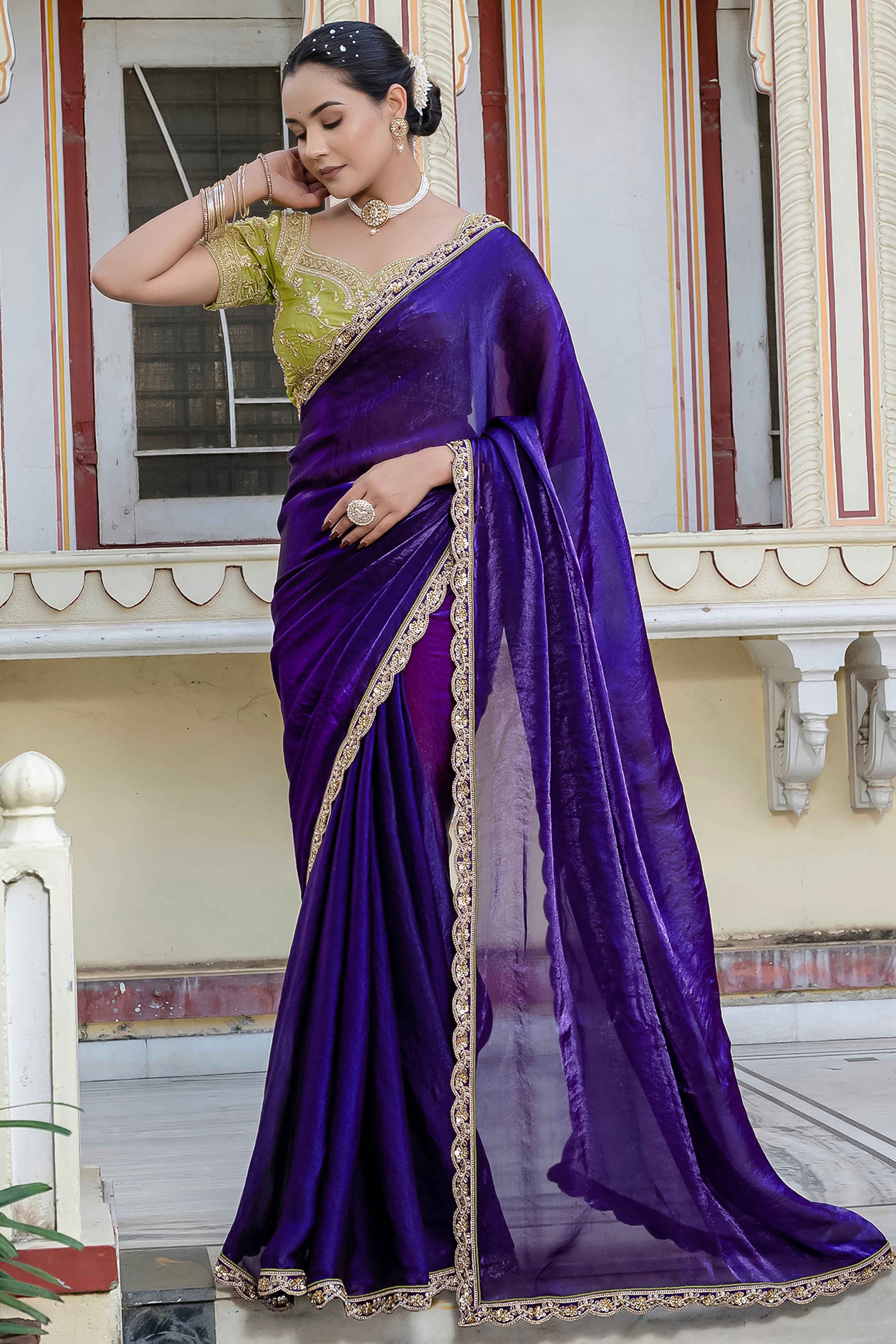 Violet Satin Velvet Saree Adorned With Handcrafted Sequins Beads & Pearl Embellishments