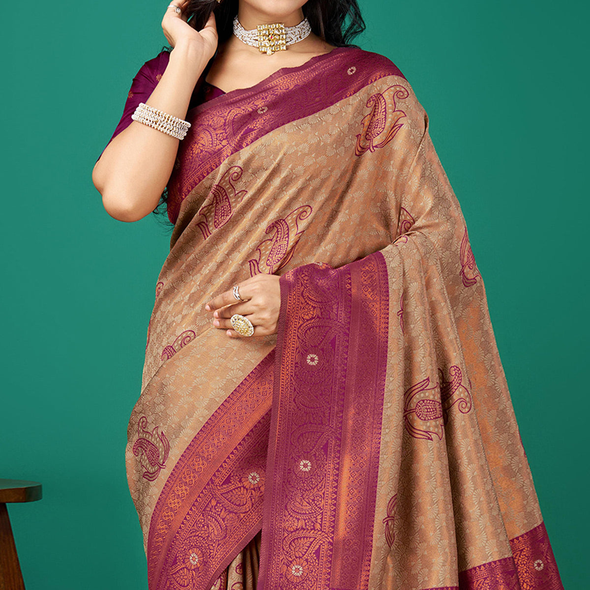 Chikoo Zari Woven Banarasi Silk Saree With Tassels