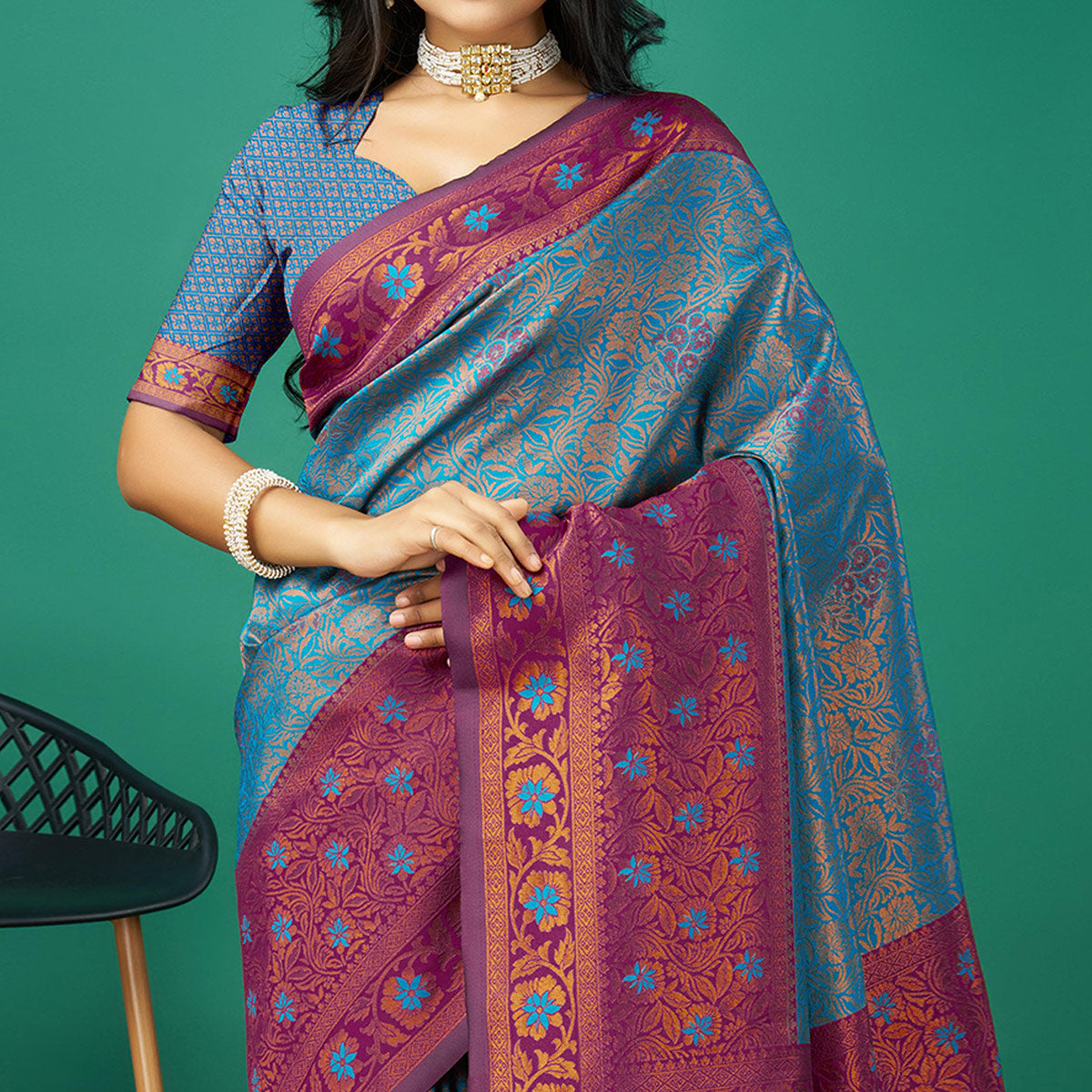 Blue Zari Woven Banarasi Silk Saree With Tassels