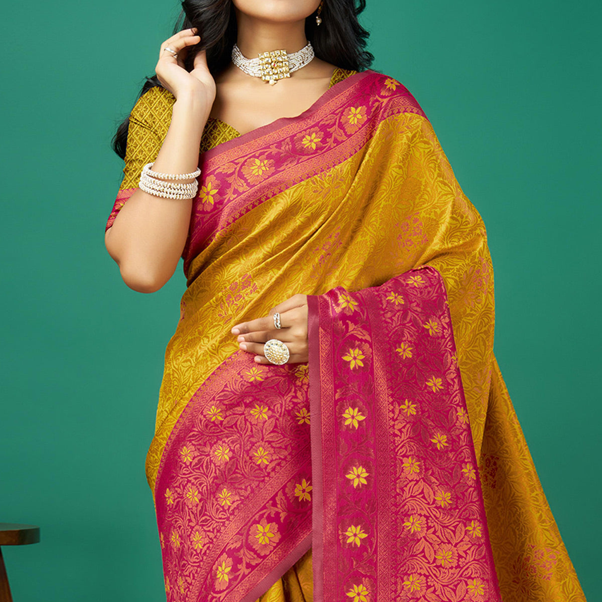 Gold Zari Woven Banarasi Silk Saree With Tassels