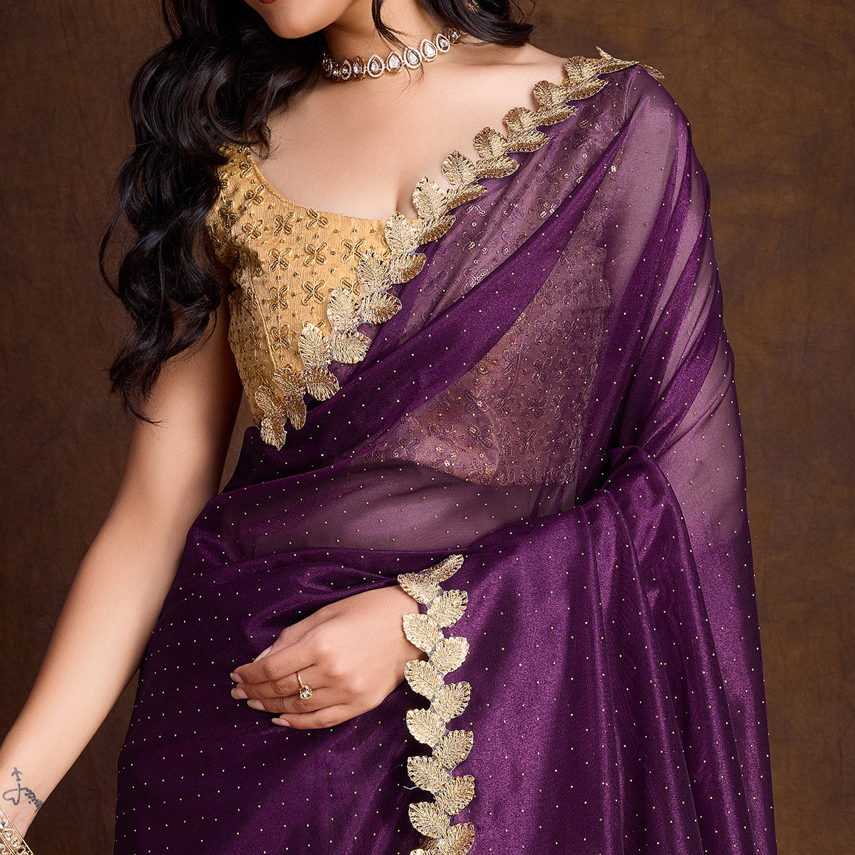 Wine Swarovski Work Shimmer Net Saree