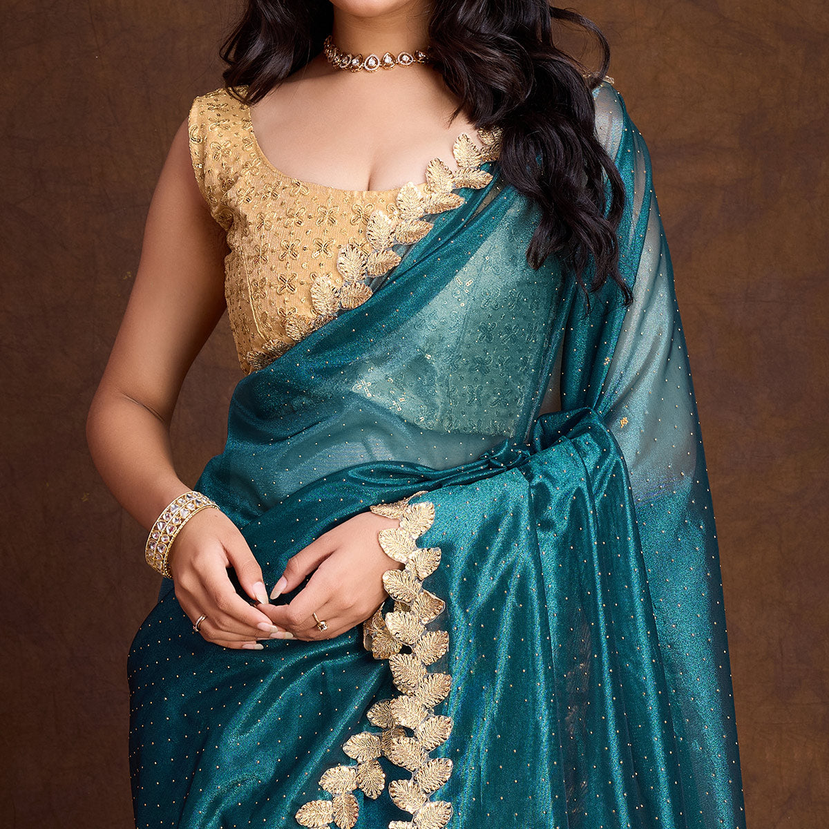 Morpich Blue Swarovski Work Shimmer Net Saree