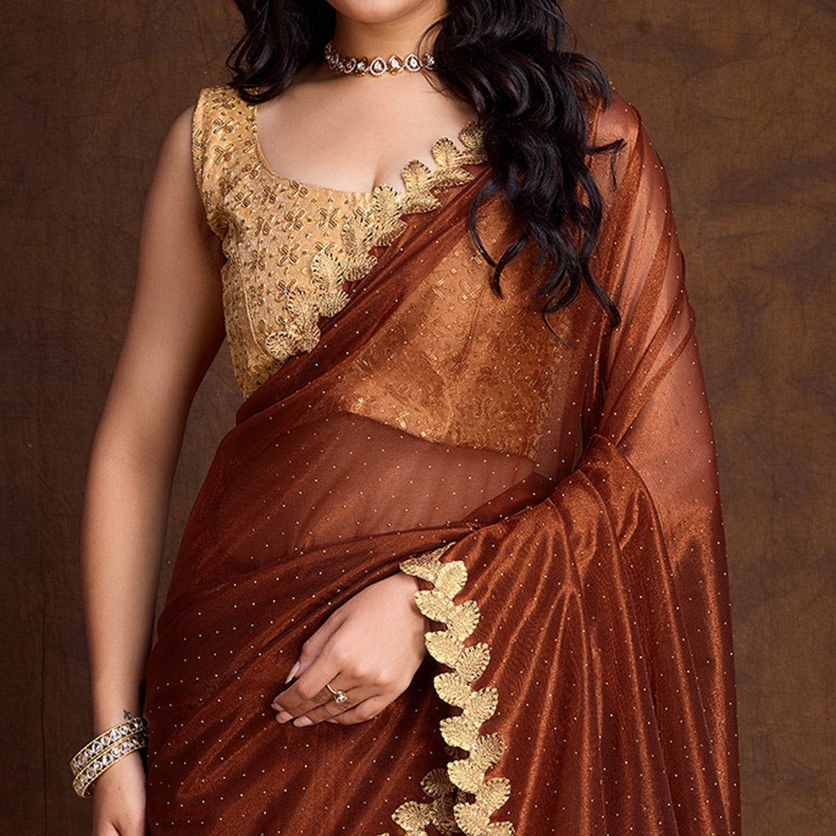 Brown Swarovski Work Shimmer Net Saree