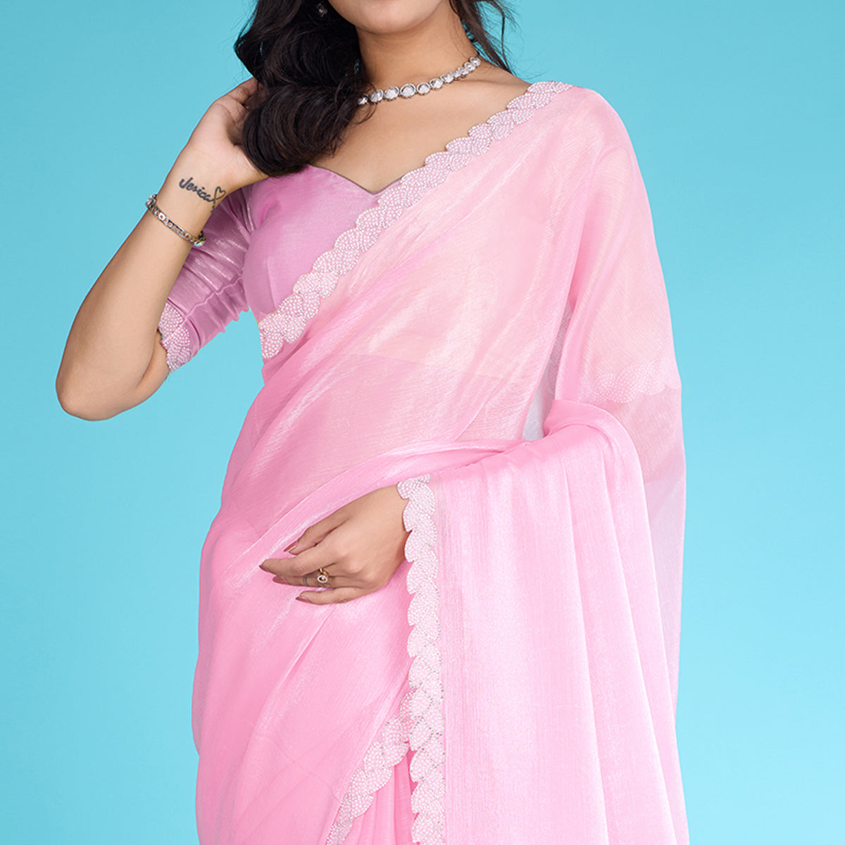 Pink Solid With Zarkan & Ceramic Pearl Diamond Lace Tissue Saree