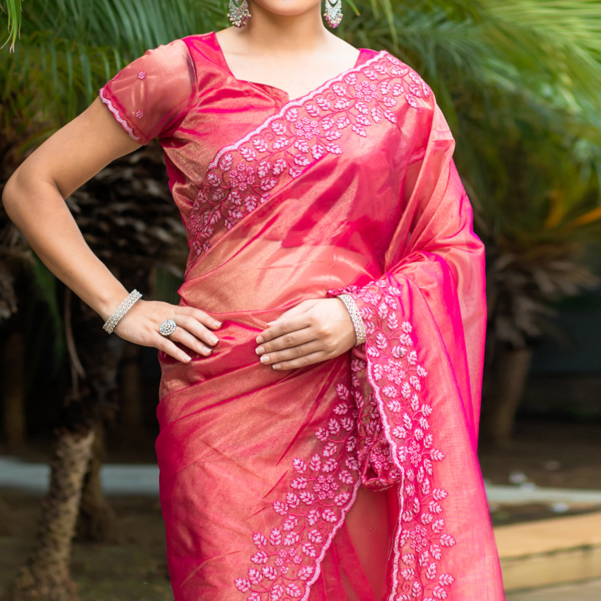 Pink Floral Sequins Embroidered Twill Net Saree