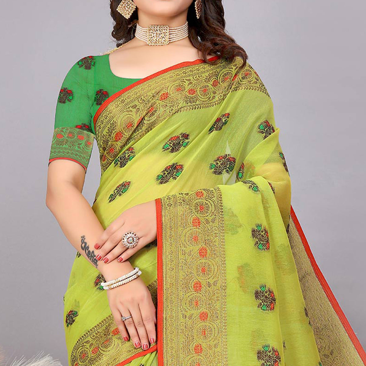 Lime Green Floral Woven Cotton Silk Saree With Tassels