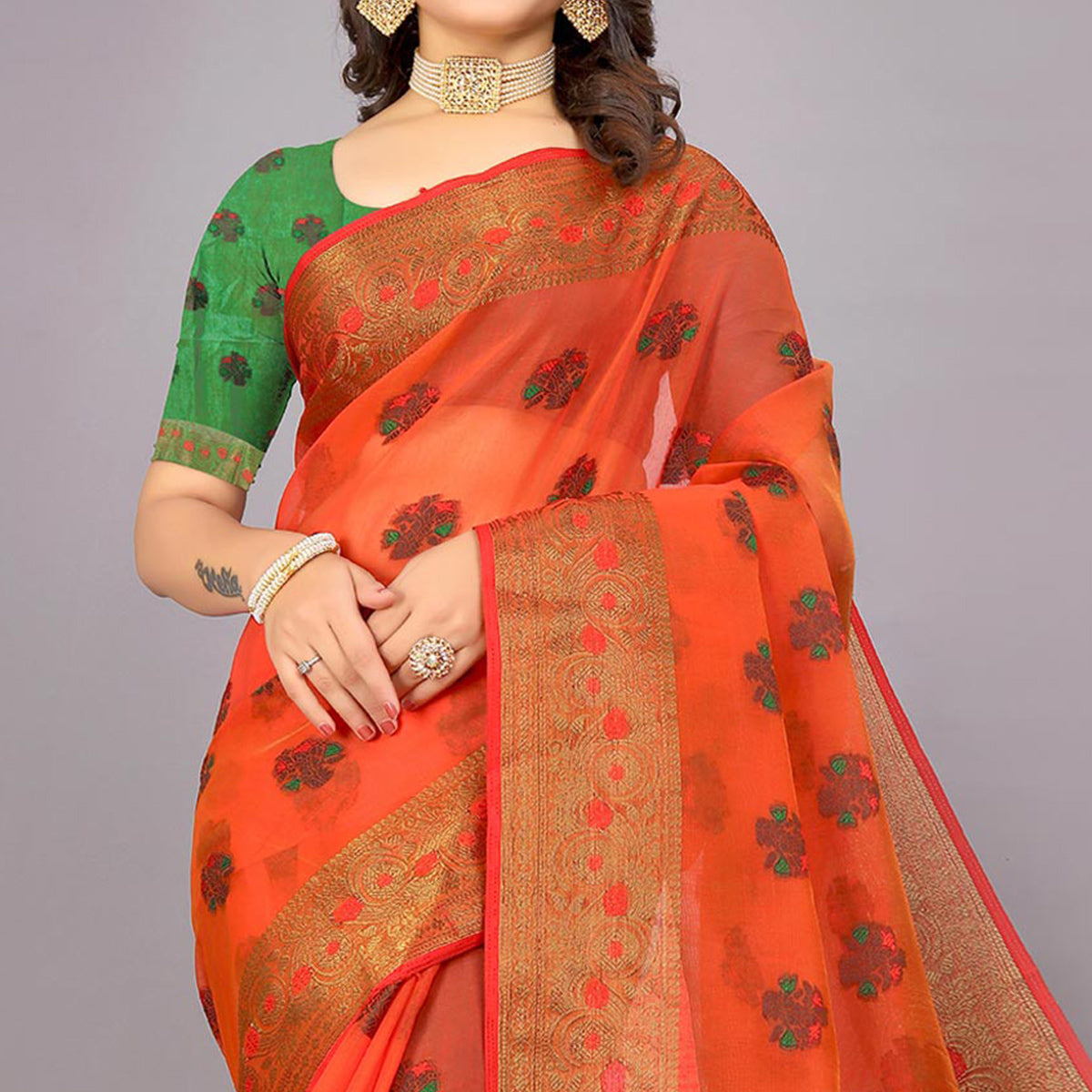 Red Floral Woven Cotton Silk Saree With Tassels