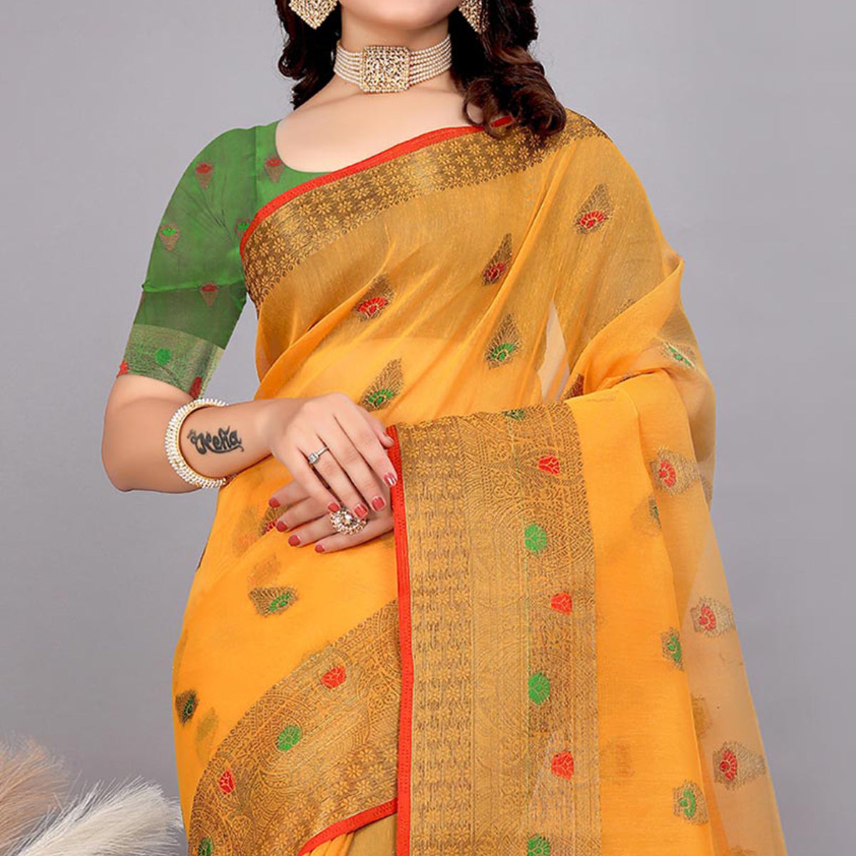Yellow Floral Woven Cotton Silk Saree With Tassels