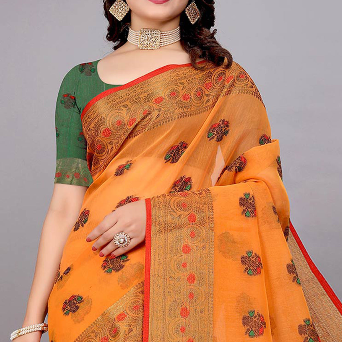 Orange Floral Woven Cotton Silk Saree With Tassels