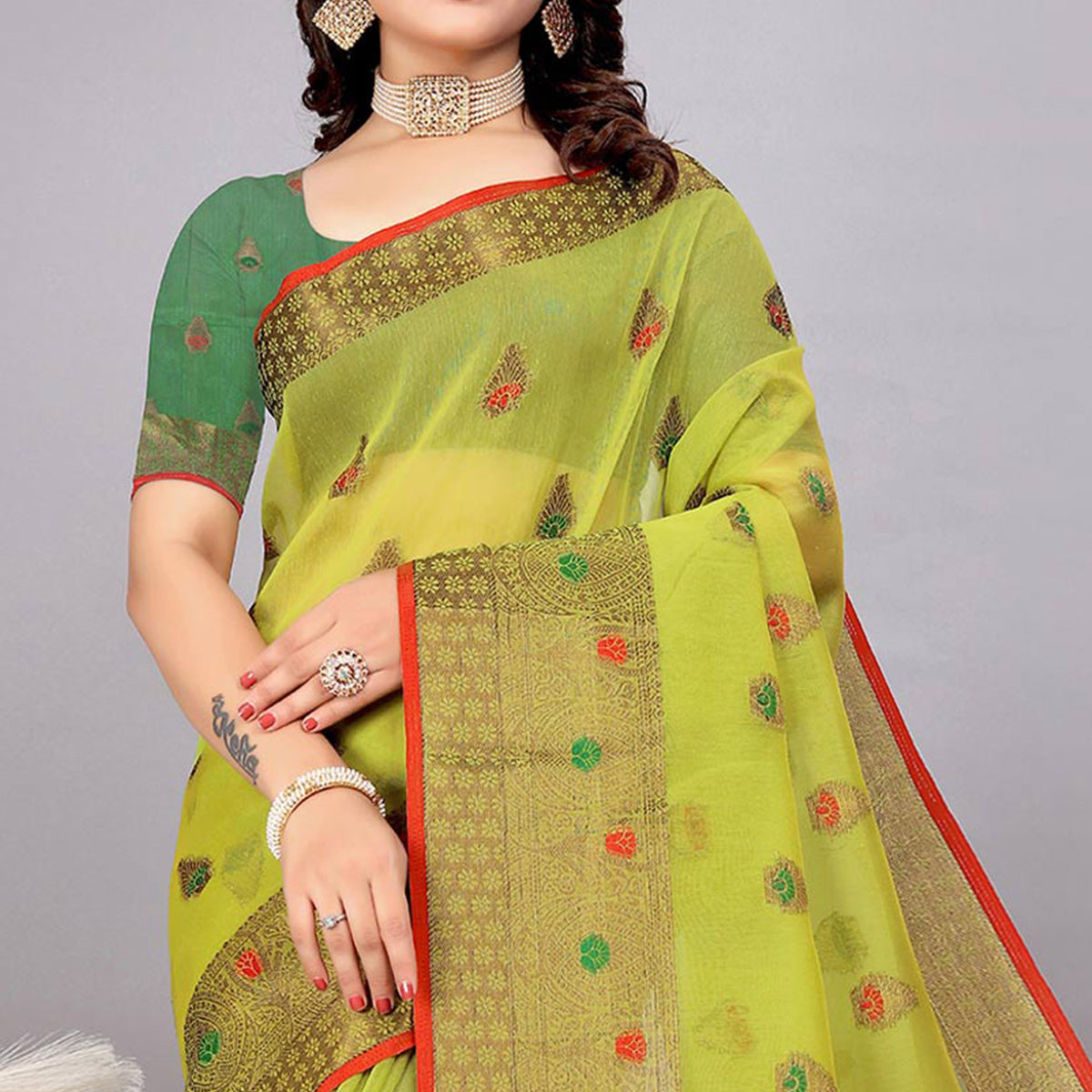 Lime Green Floral Woven Cotton Silk Saree With Tassels