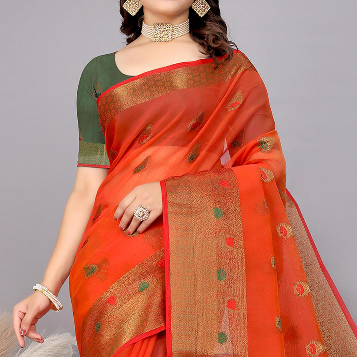 Red Floral Woven Cotton Silk Saree With Tassels