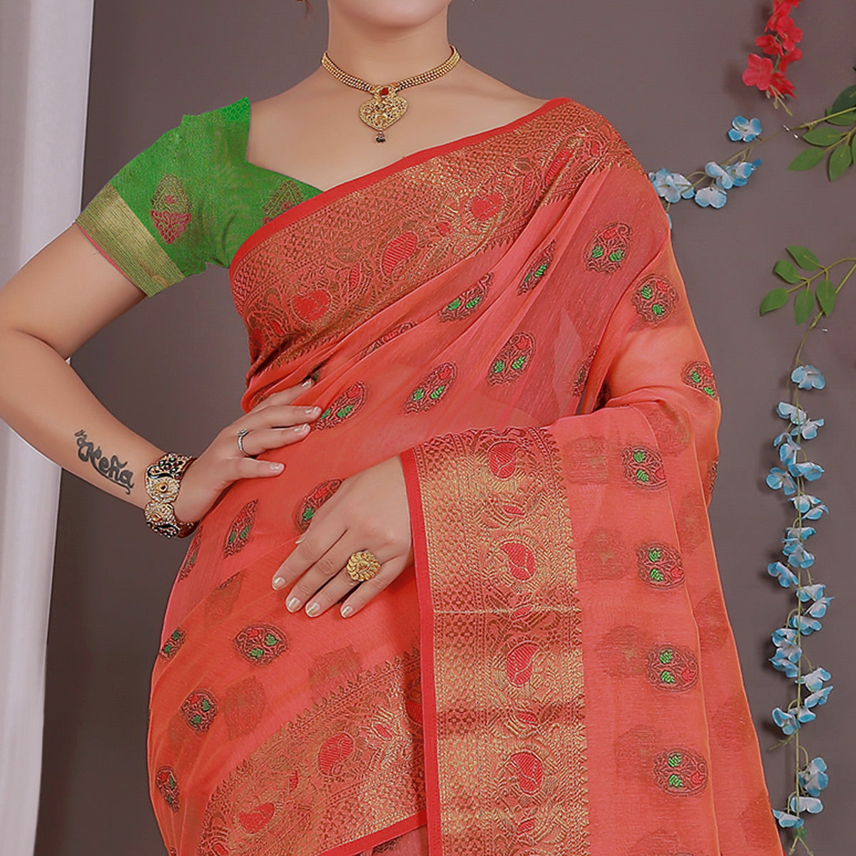 Red Floral Woven Cotton Silk Saree With Tassels
