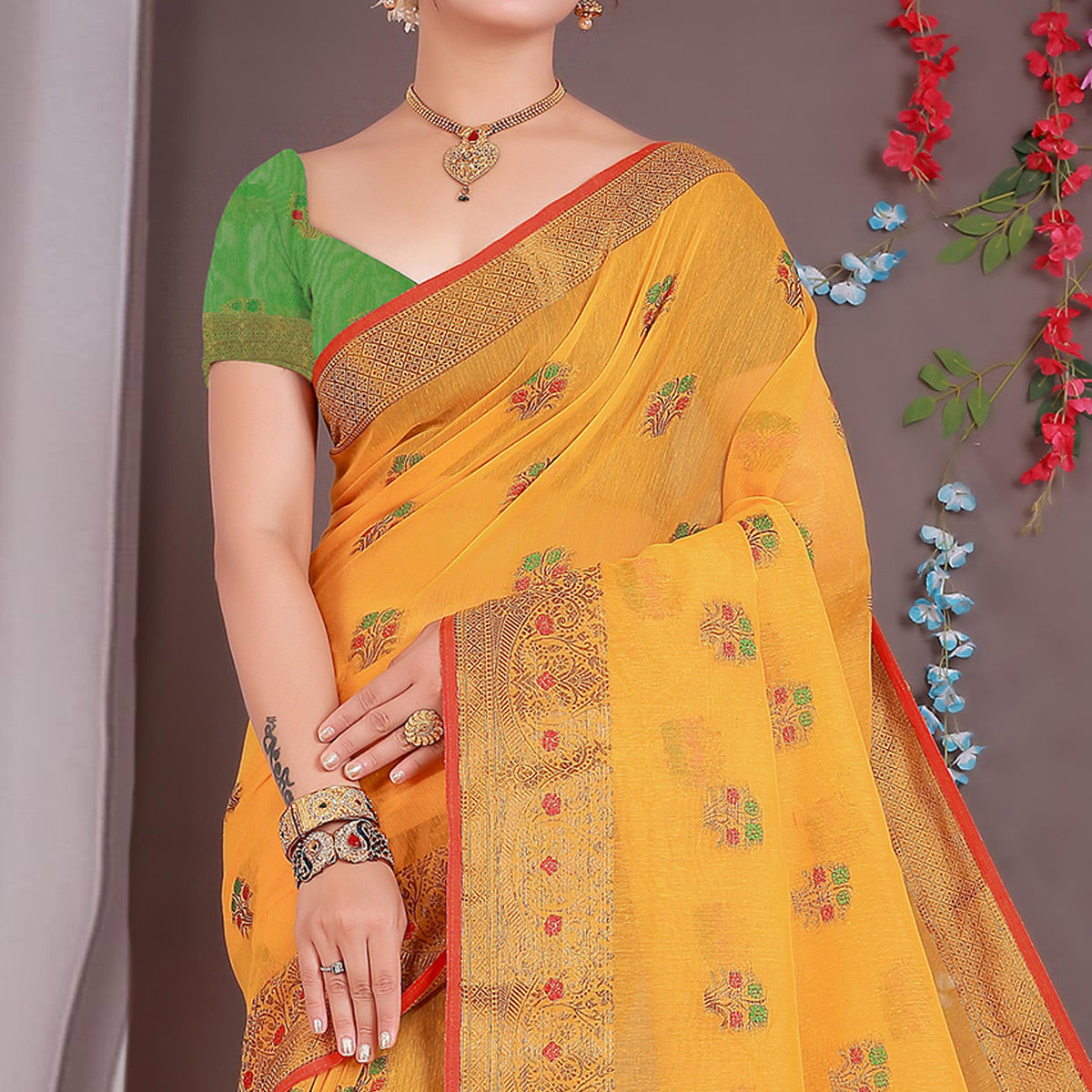 Yellow Floral Woven Cotton Silk Saree With Tassels