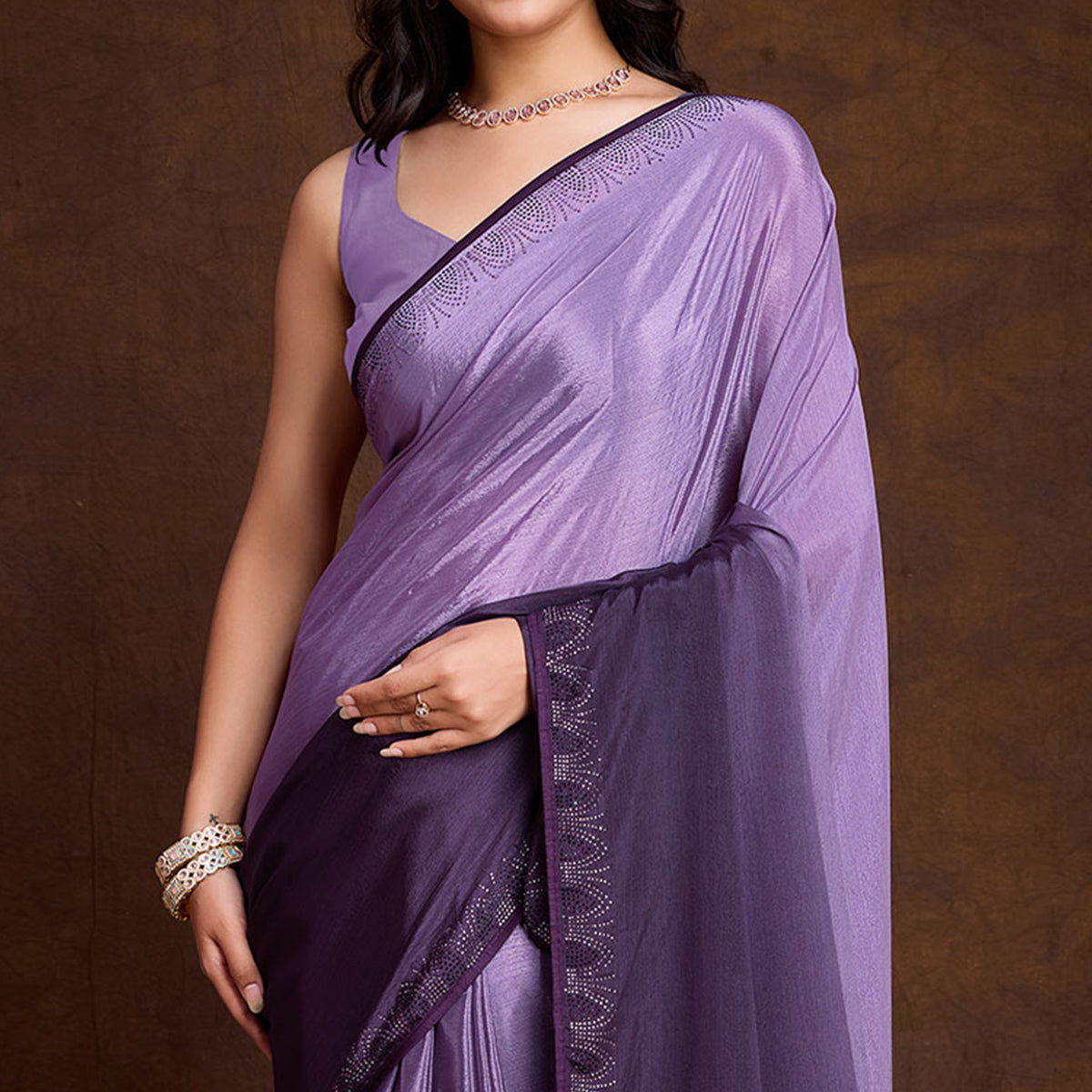 Purple Swarovski Border Work Chinon Ombre Saree
