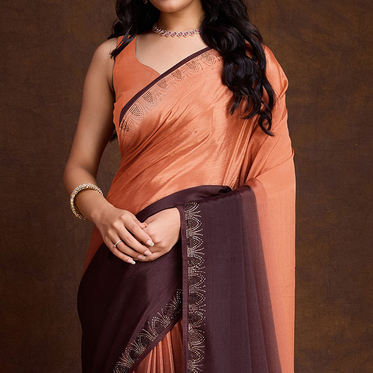 Peach & Brown Swarovski Border Work Chinon Ombre Saree