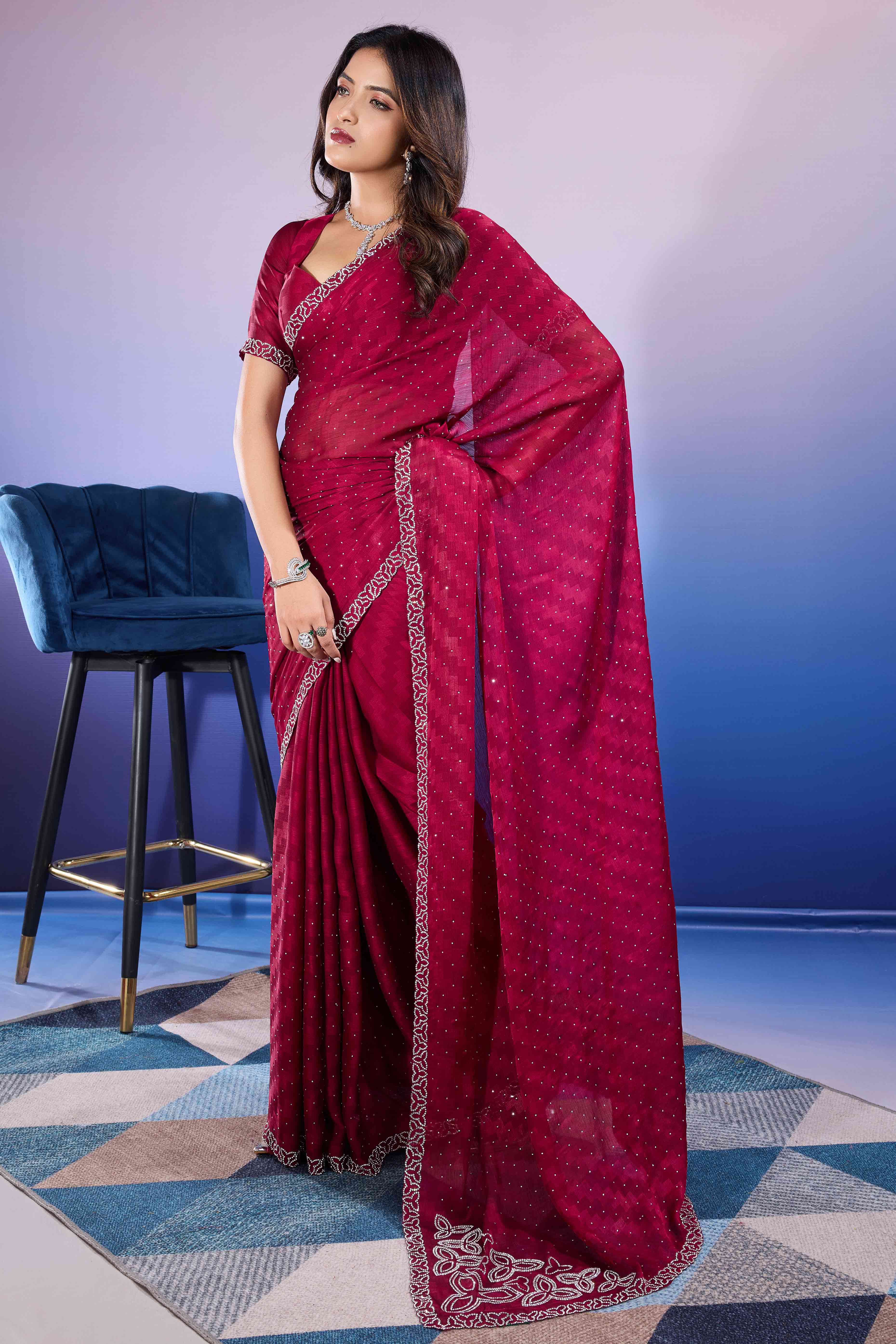 Cherry Red Diamond Zarkan Handwork Satin Chiffon Saree