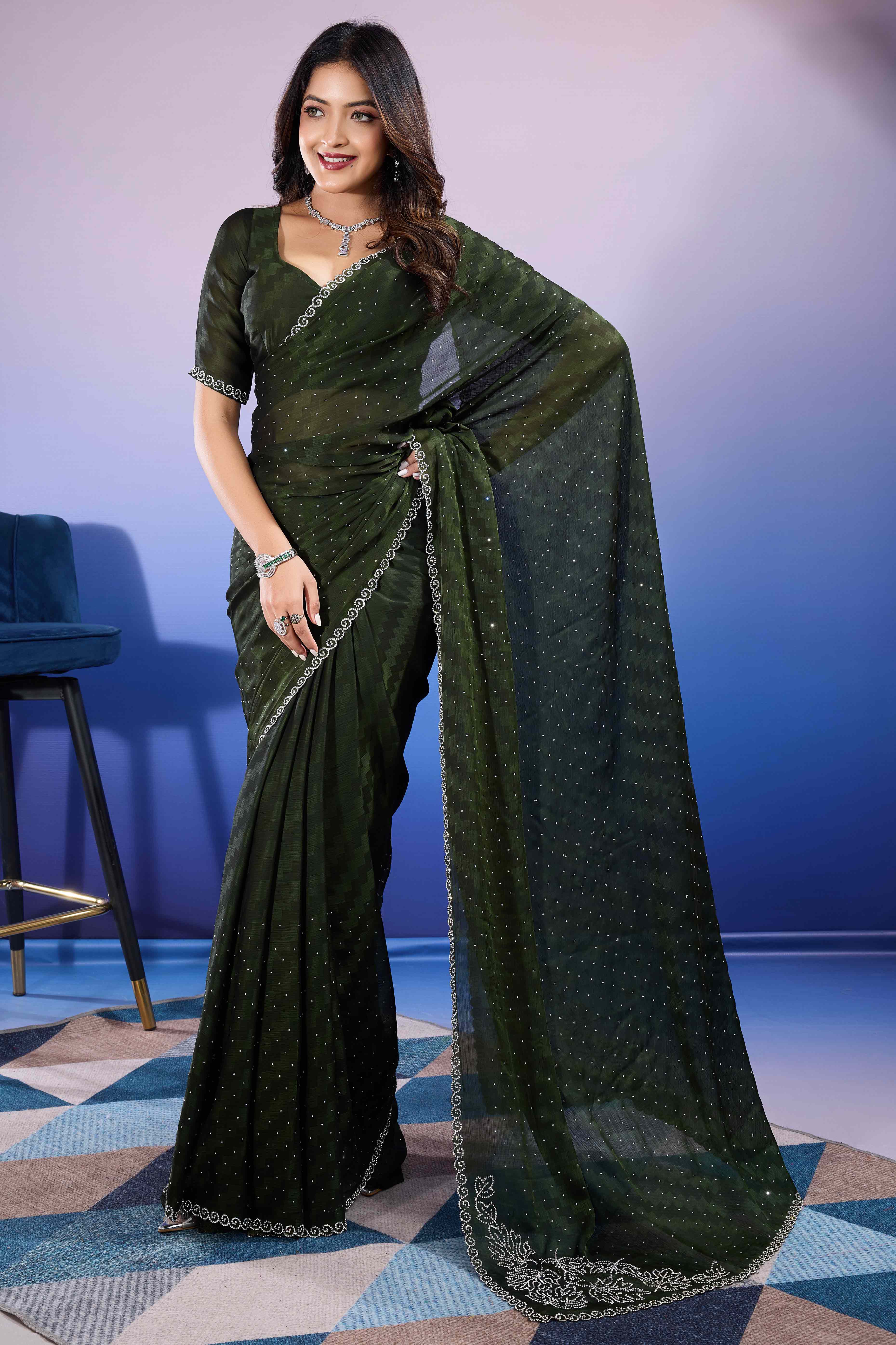 Bottle Green Diamond Zarkan Handwork Satin Chiffon Saree