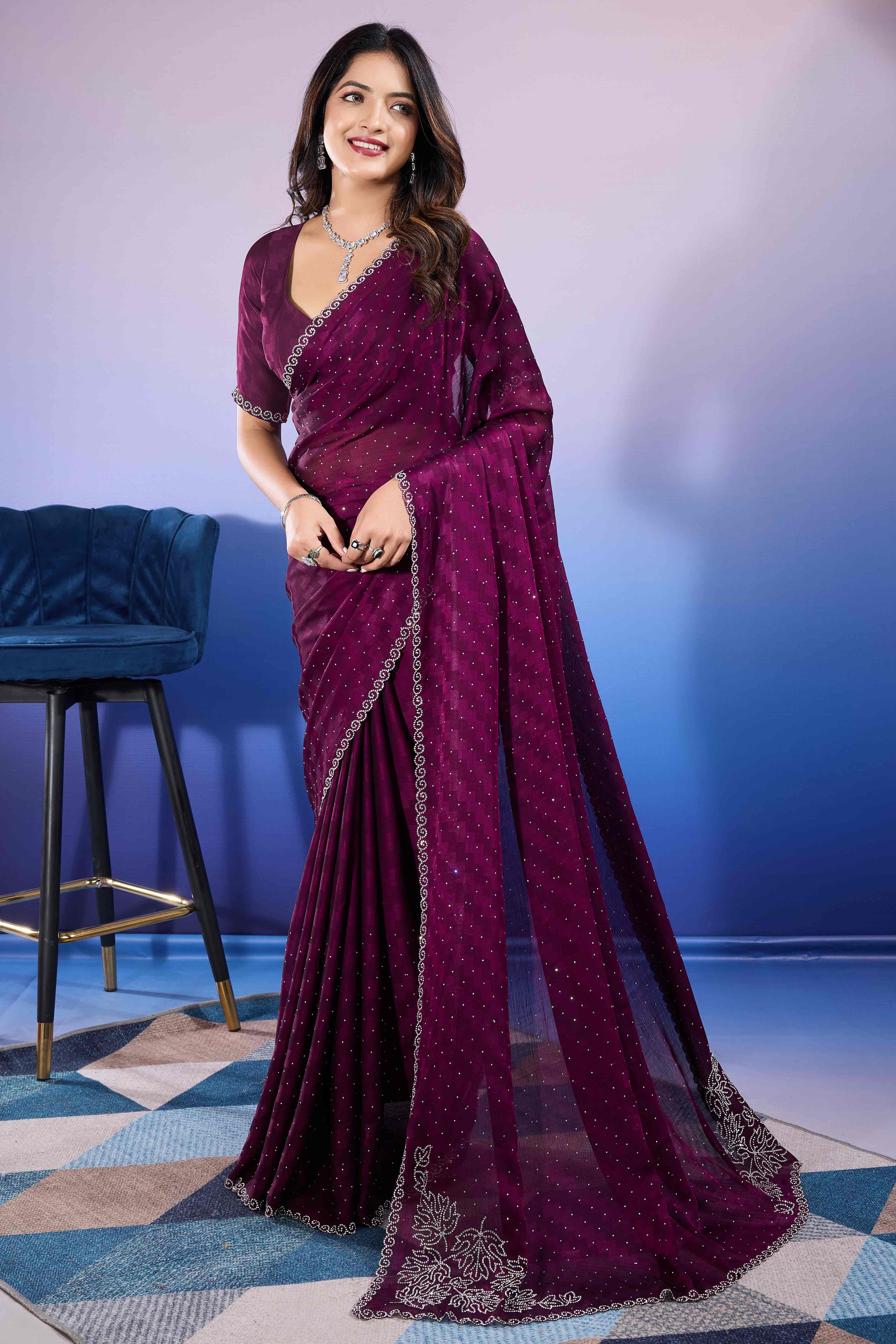 Wine Diamond Zarkan Handwork Satin Chiffon Saree