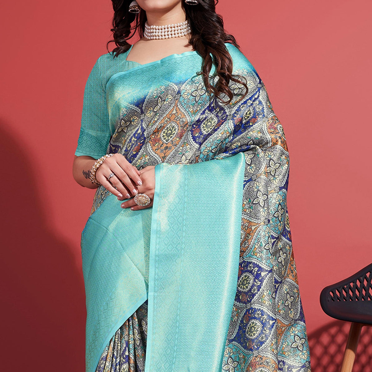 Aqua Floral Digital Printed With Woven Border Banarasi Silk Saree