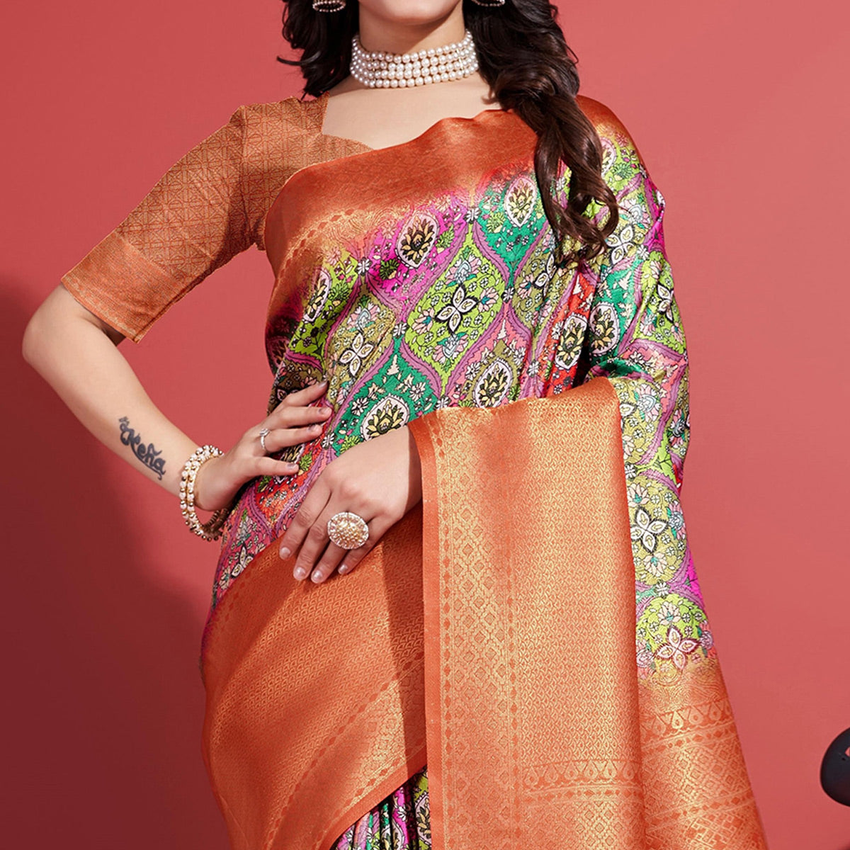 Orange Floral Digital Printed With Woven Border Banarasi Silk Saree