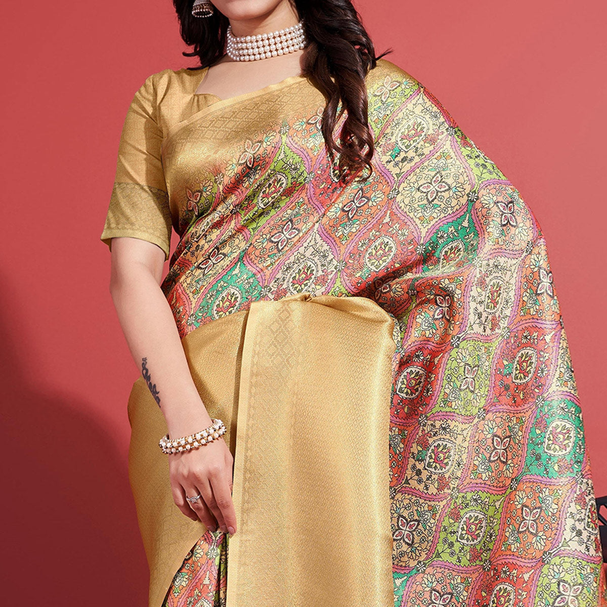 Gold Floral Digital Printed With Woven Border Banarasi Silk Saree
