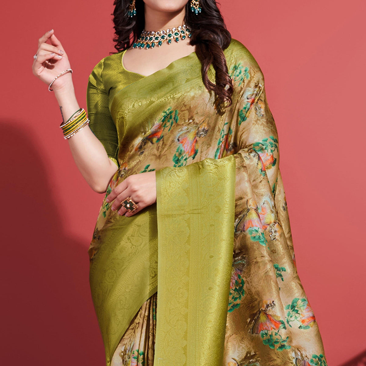 Green Floral Digital Printed With Woven Border Banarasi Silk Saree