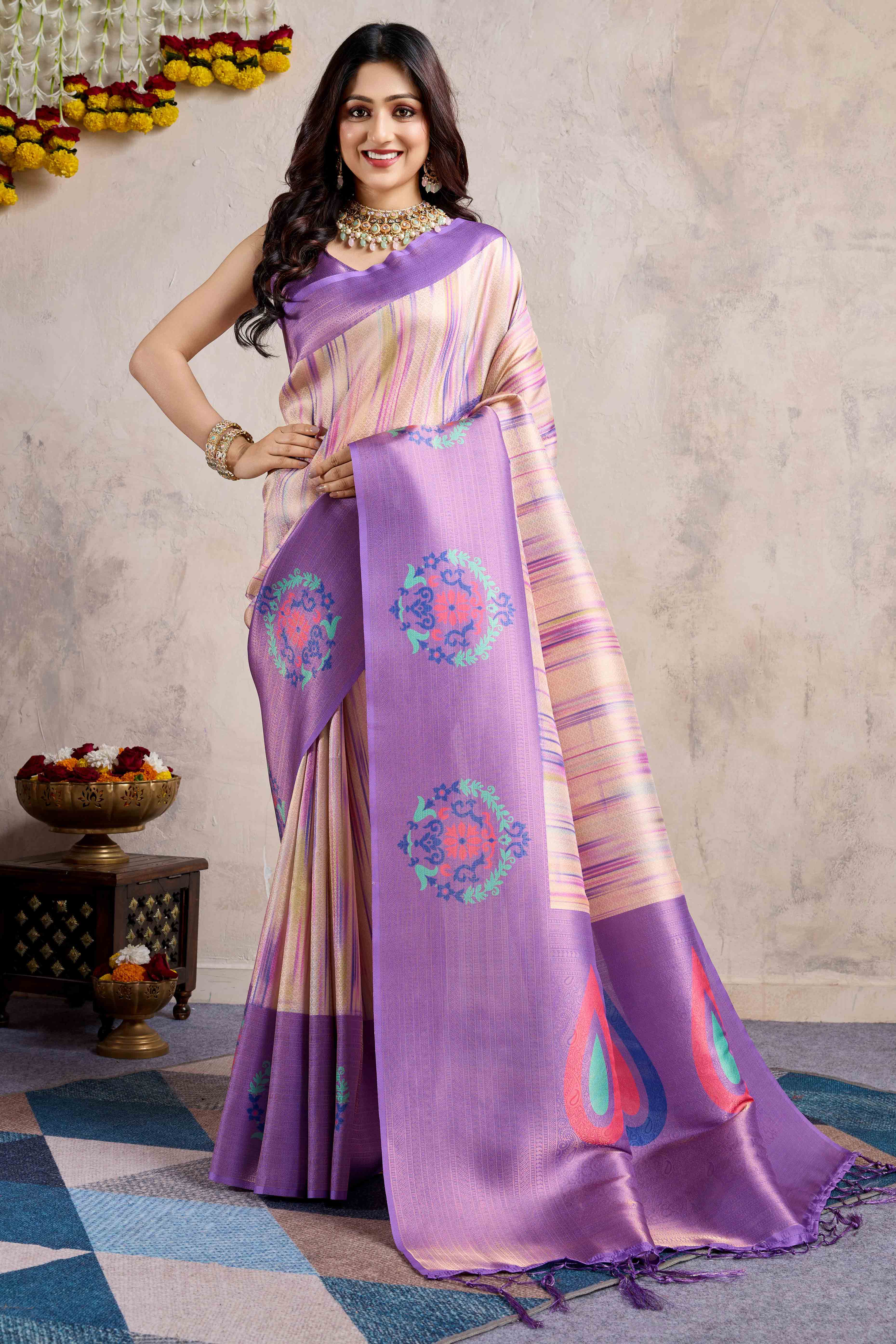 Purple Kanoko Print Weaving Soft Banarasi Silk Saree