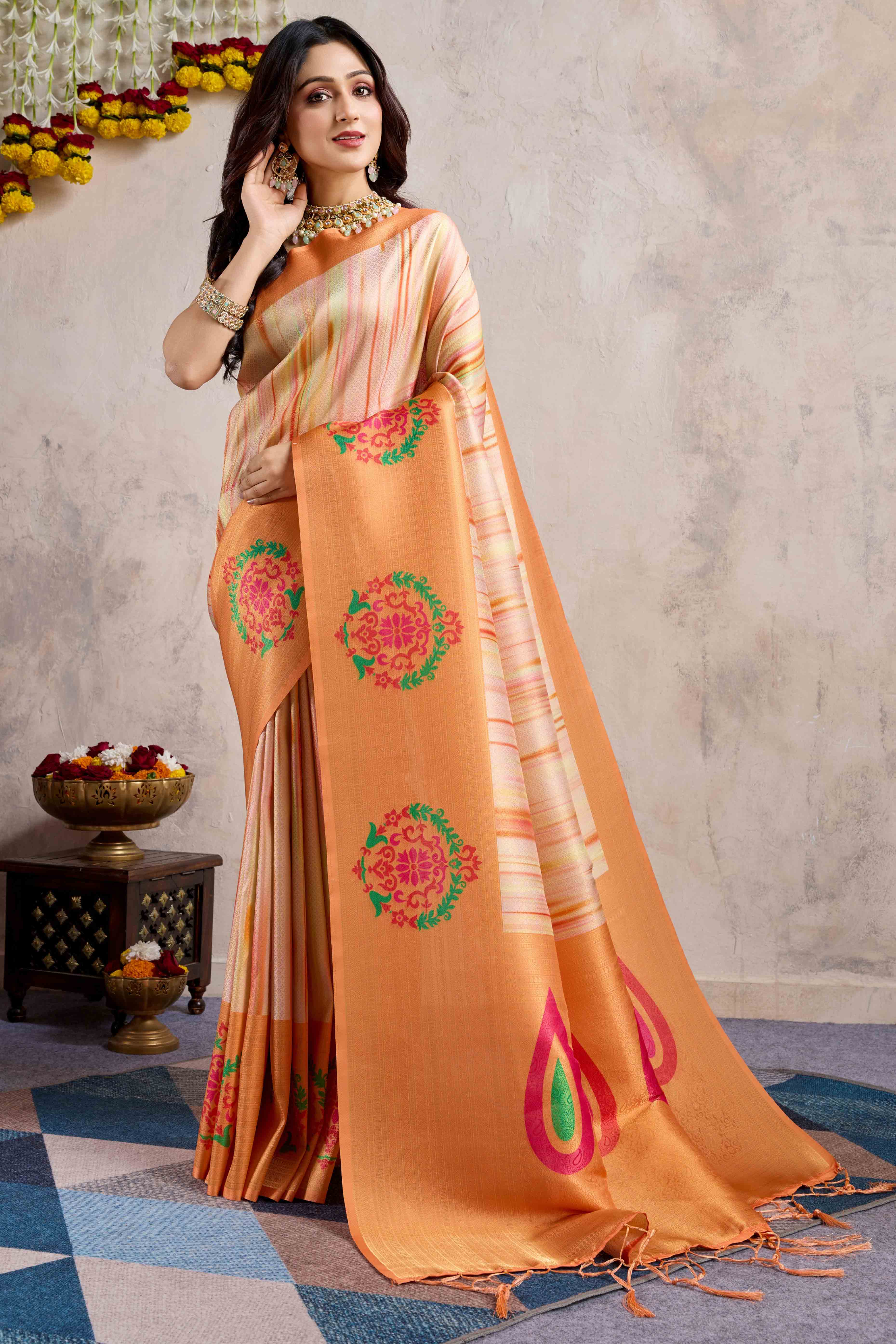 Orange Kanoko Print Weaving Soft Banarasi Silk Saree