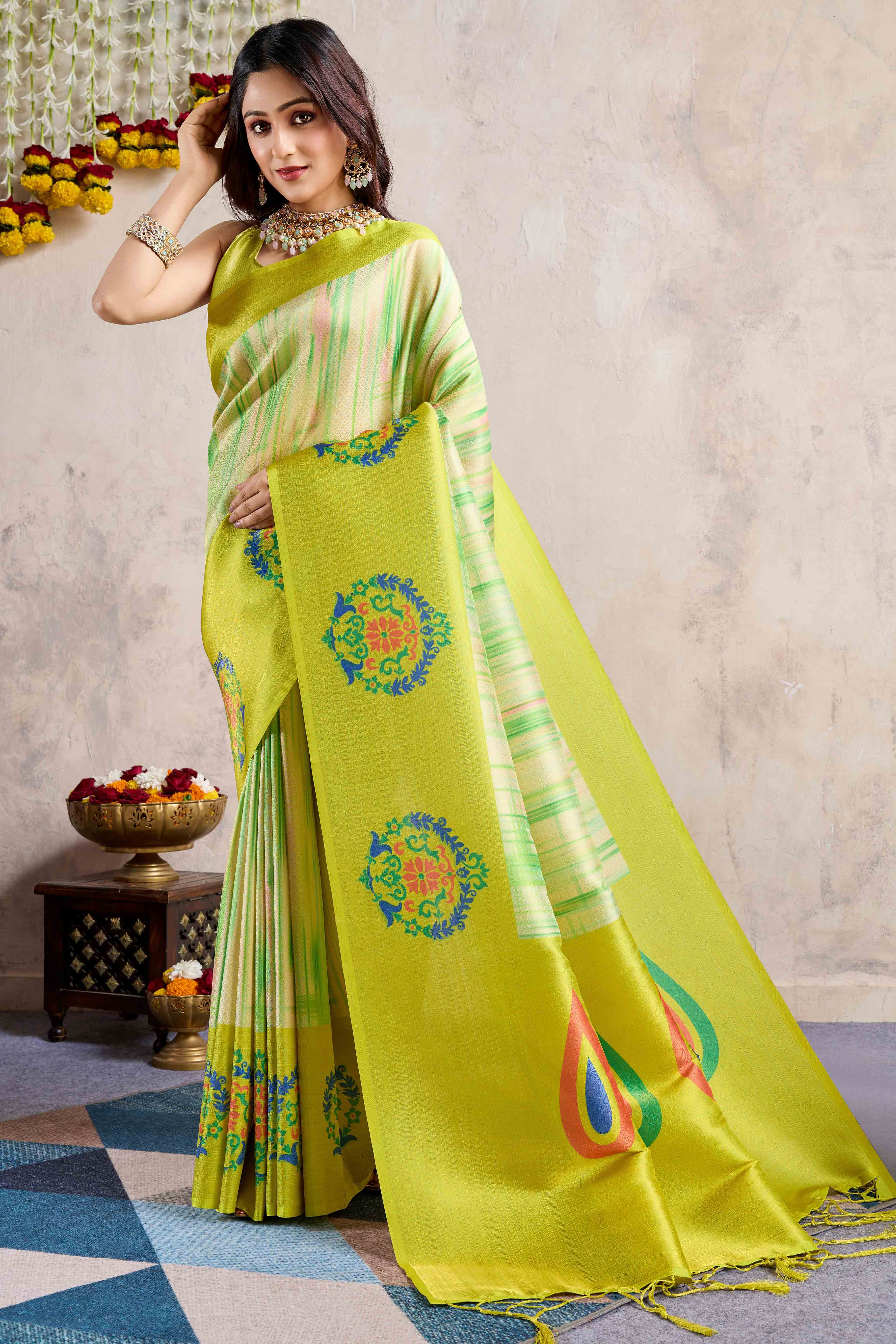 Green Kanoko Print Weaving Soft Banarasi Silk Saree