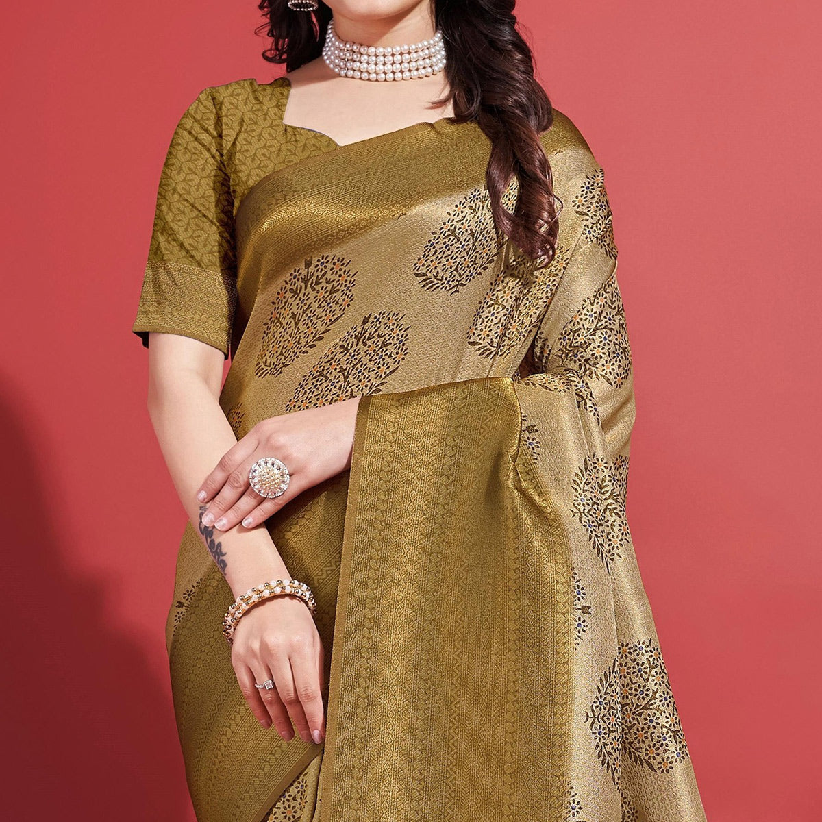 Dark Mustard Floral Digital Printed With Woven Banarasi Silk Saree