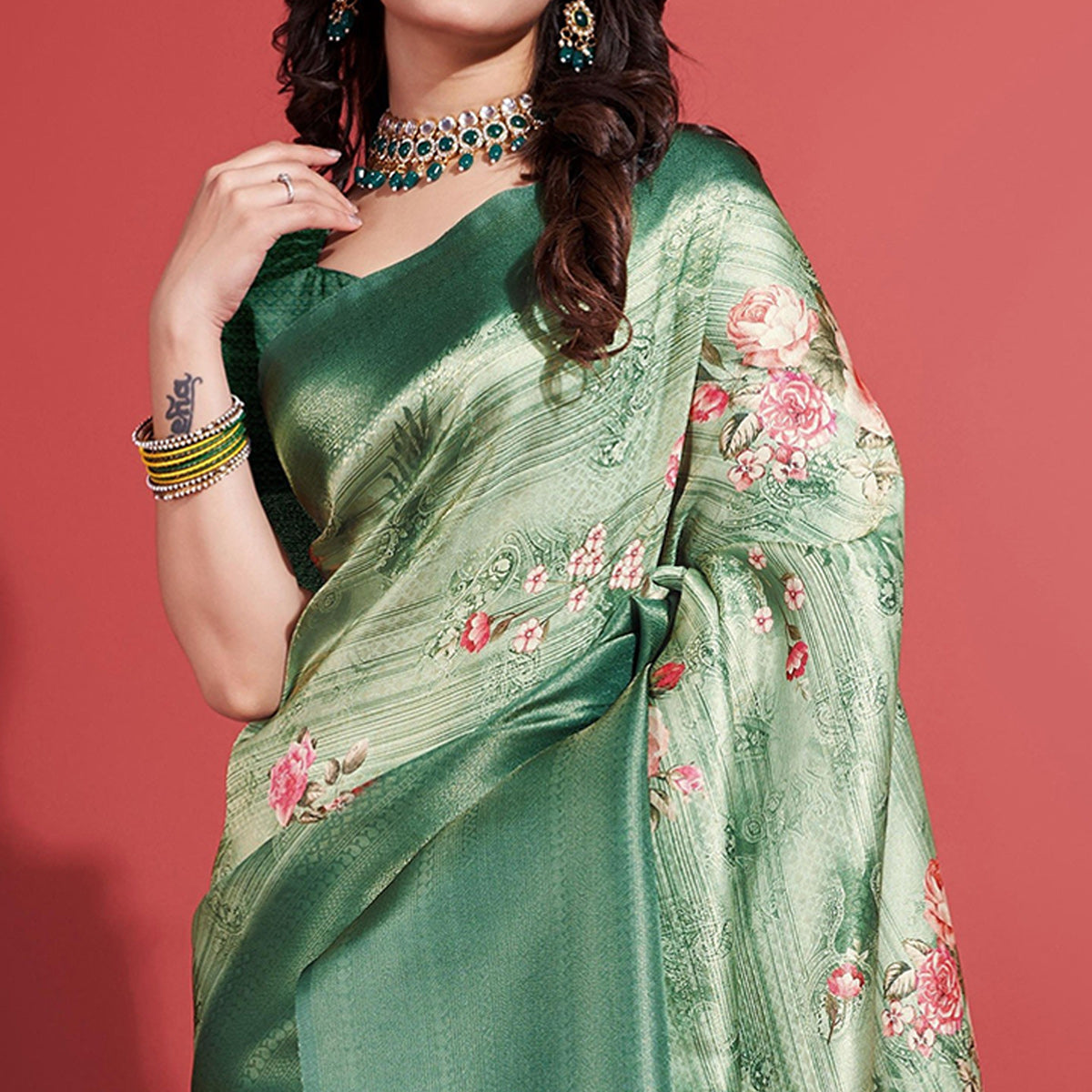 Rama Green Floral Digital Printed With Woven Banarasi Silk Saree