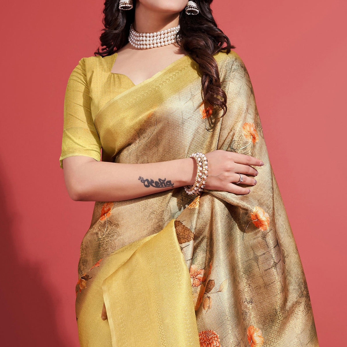 Yellow & Brown Floral Digital Printed With Woven Banarasi Silk Saree