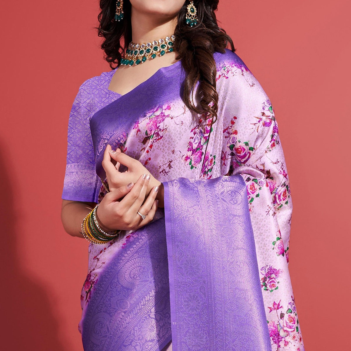 Lavender Floral Digital Printed With Woven Banarasi Silk Saree