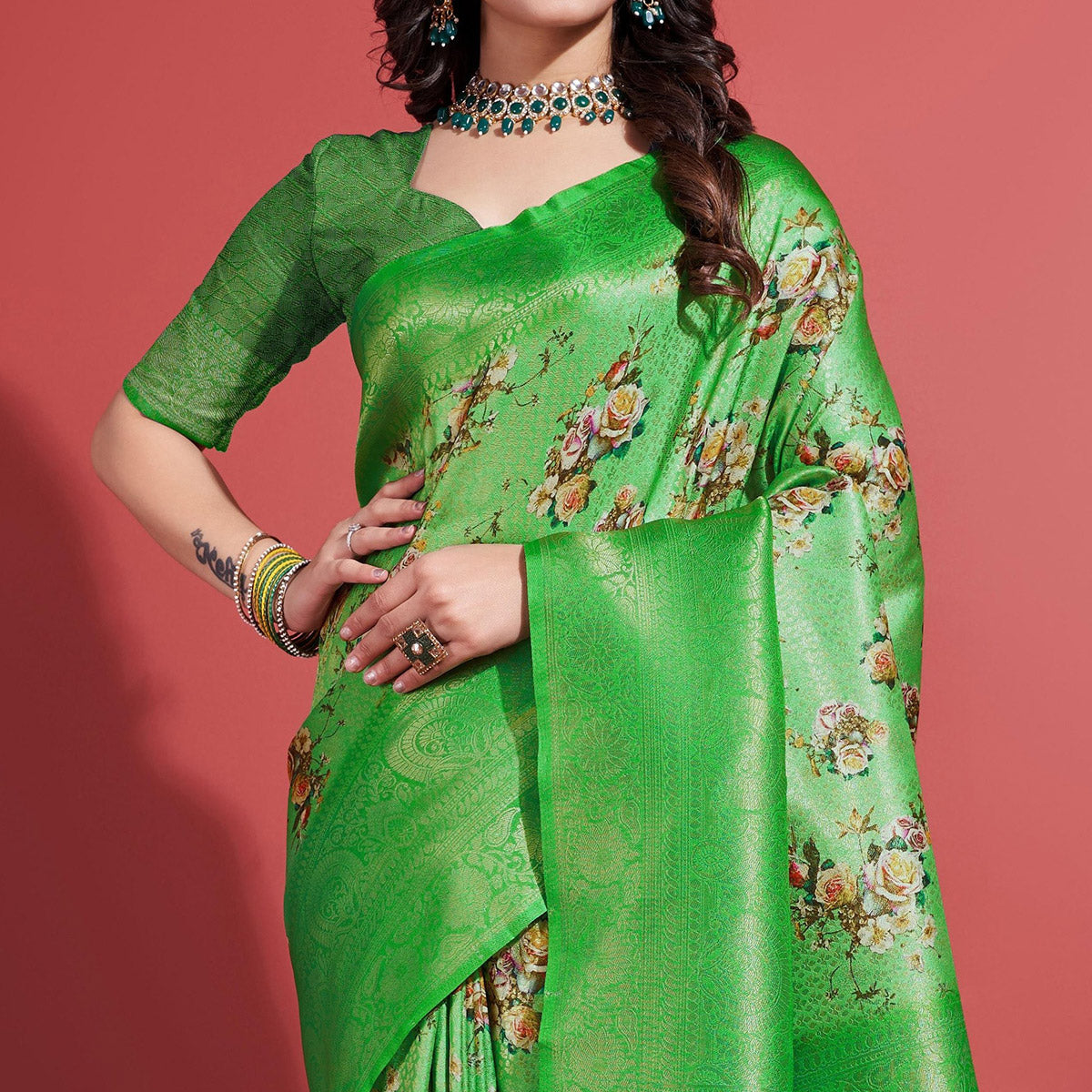 Green Floral Digital Printed With Woven Banarasi Silk Saree