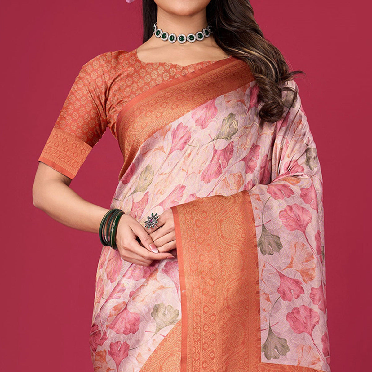 Rust Floral Digital Printed With Woven Pure Silk Saree