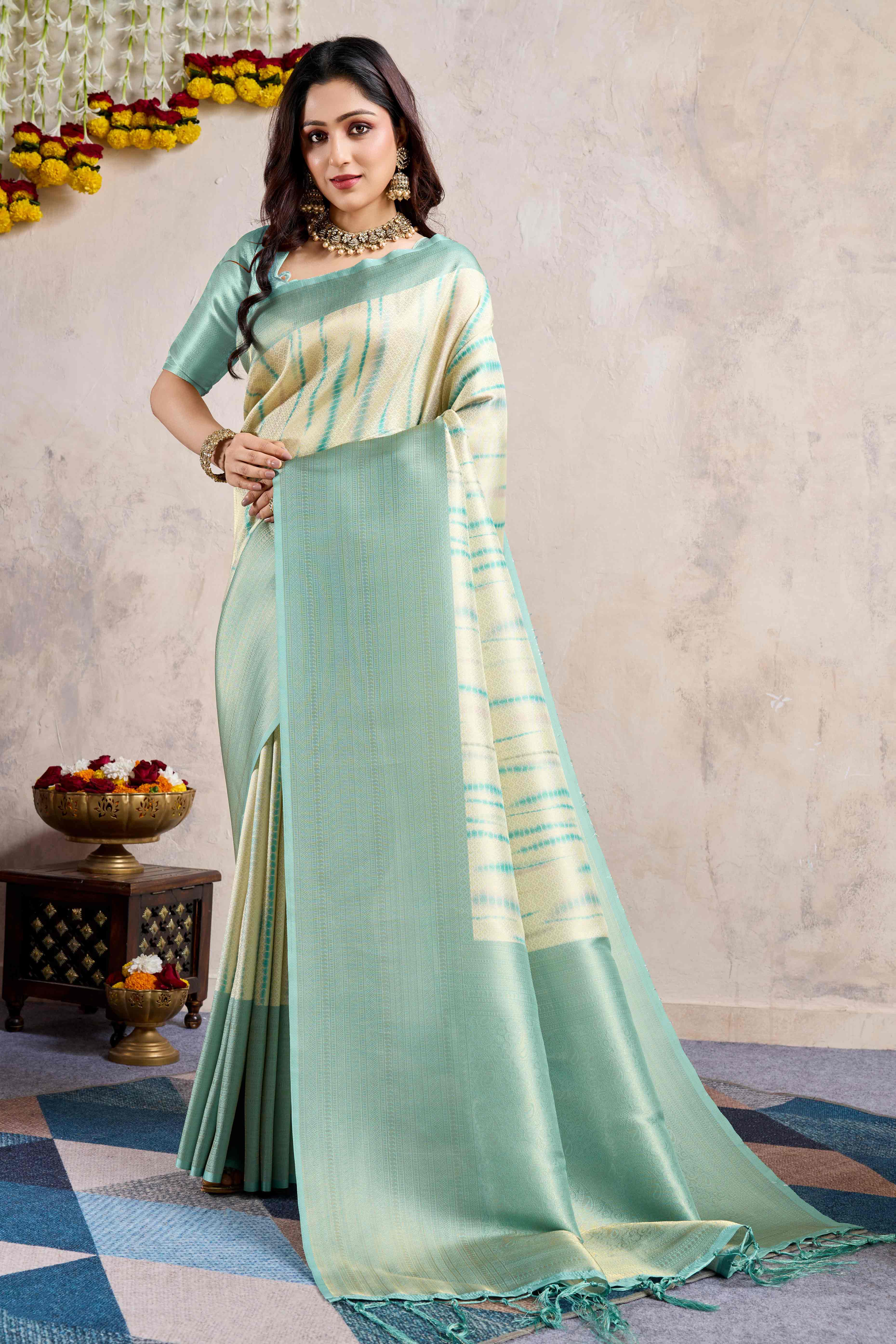 Turquoise Woven With Digital Printed Banarasi Silk Saree